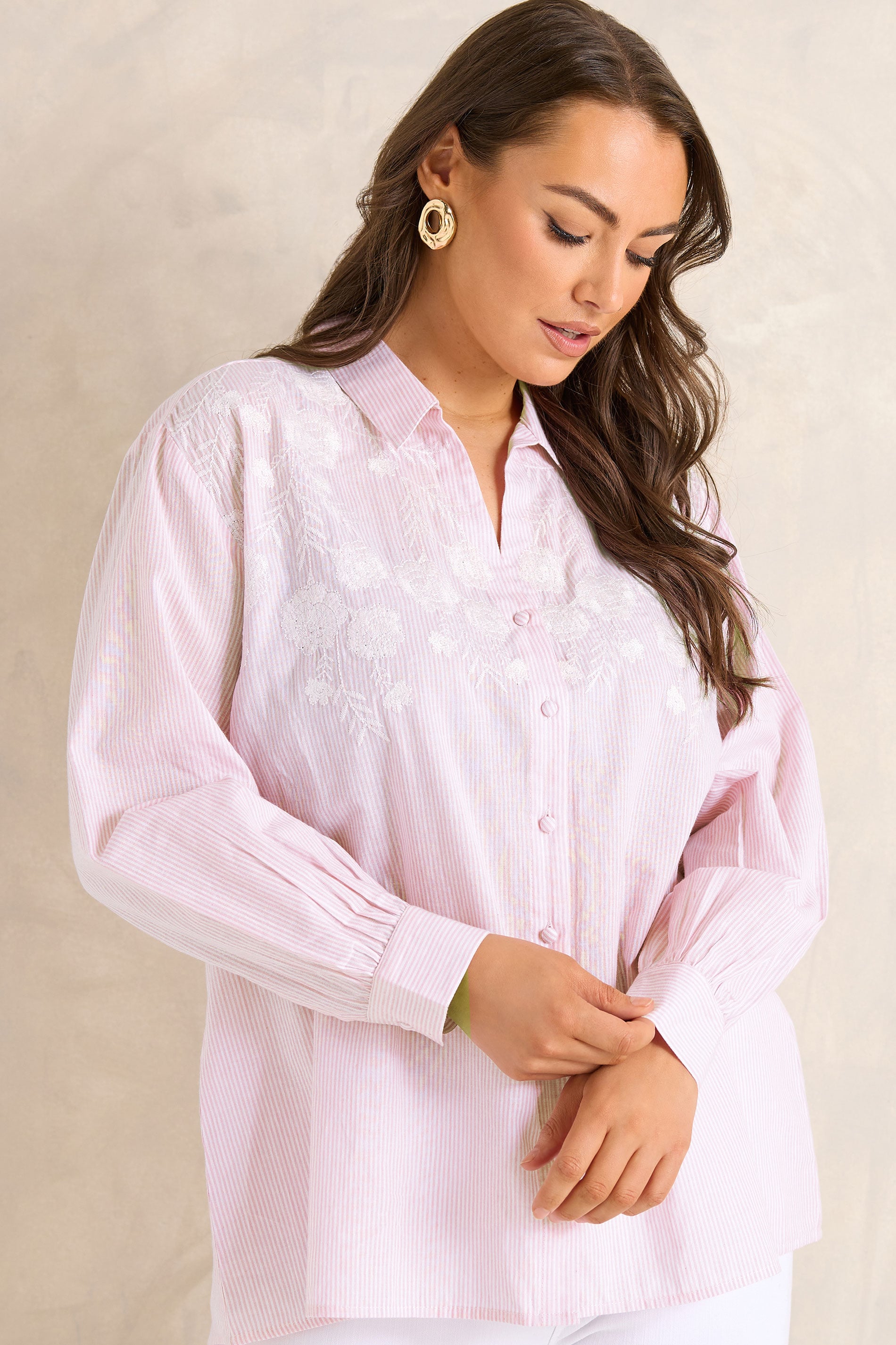 Evans Women's Pink Curve Stripe Embroidered Cotton Shirt Size 14