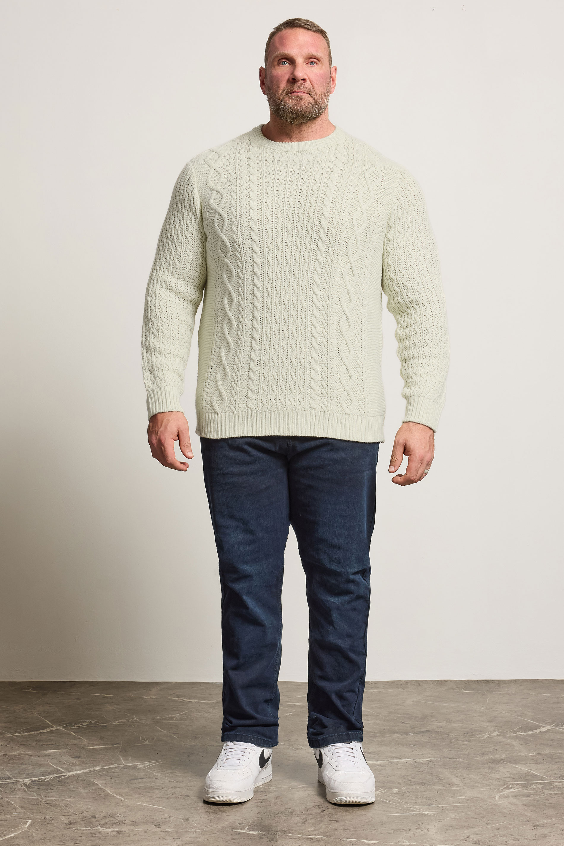 BadRhino Big & Tall Cream Crew Neck Cable Knit Jumper | BadRhino 2
