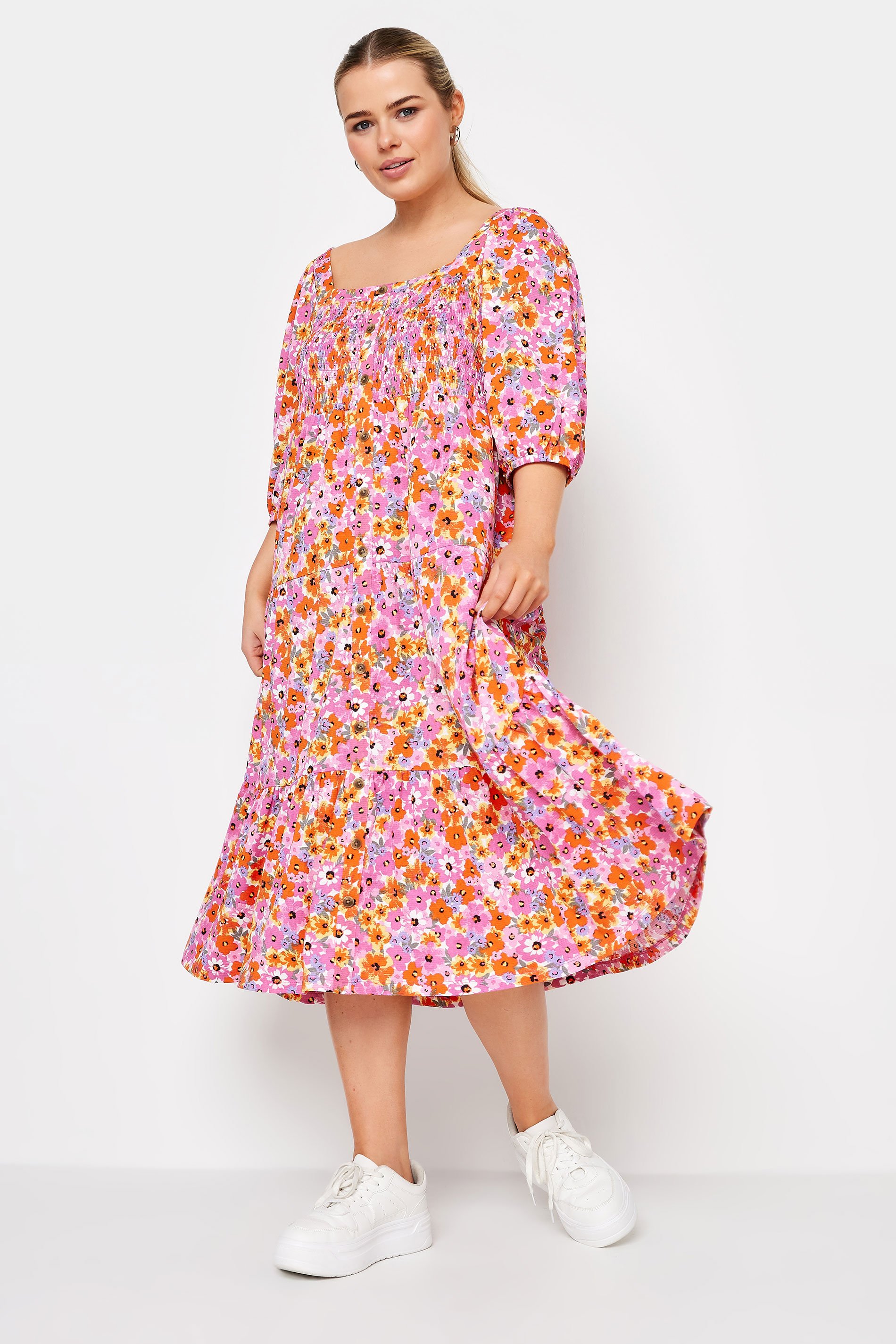YOURS Plus Size Pink Floral Print Tiered Midi Dress | Yours Clothing 2