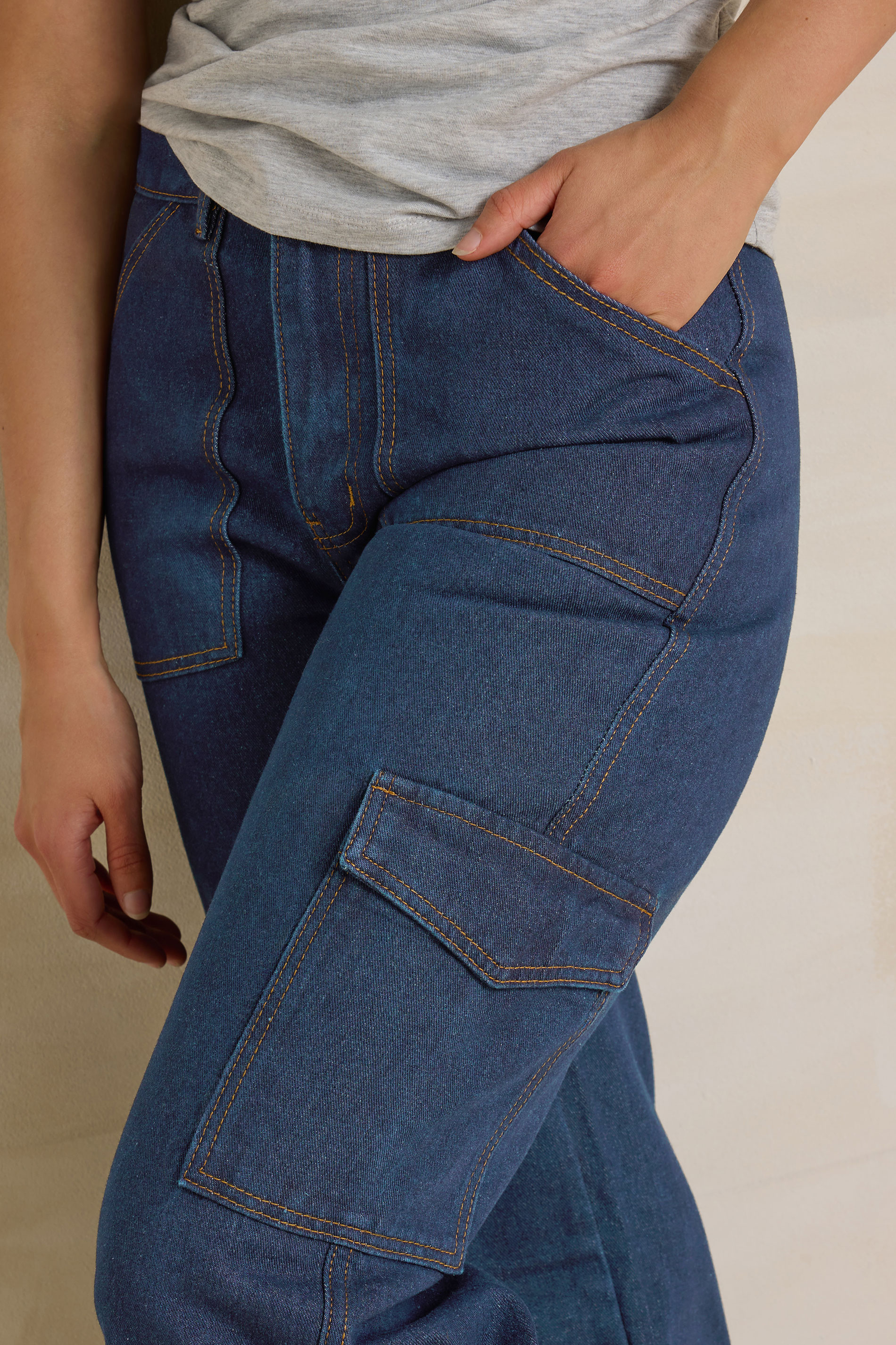 LTS Tall Womens Dark Blue Cotton Wide Leg Cargo Jeans | Long Tall Sally  5