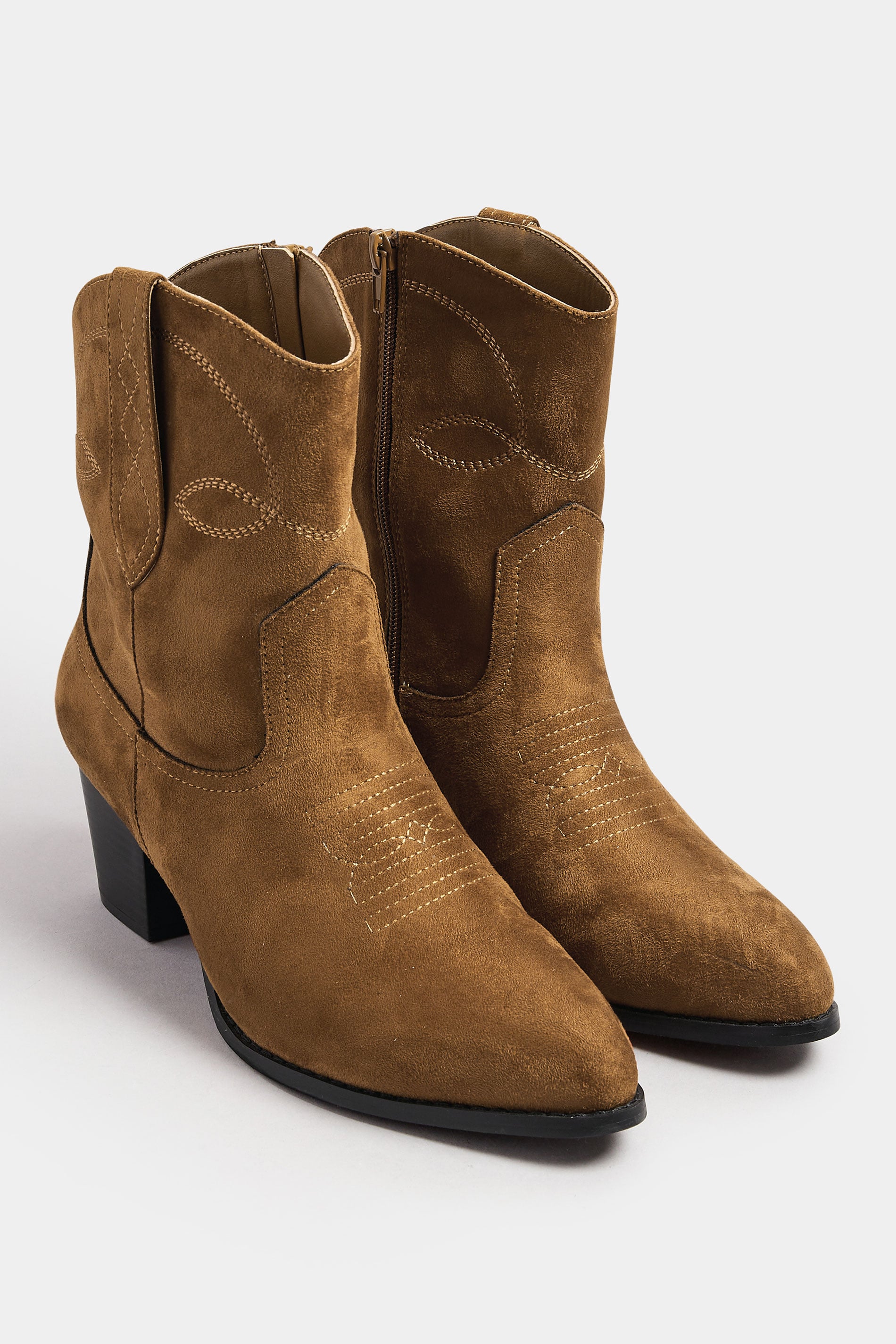 Brown Faux Suede Contrast Stitch Western Heel Ankle Boots In Extra Wide EEE Fit | Yours Clothing 2