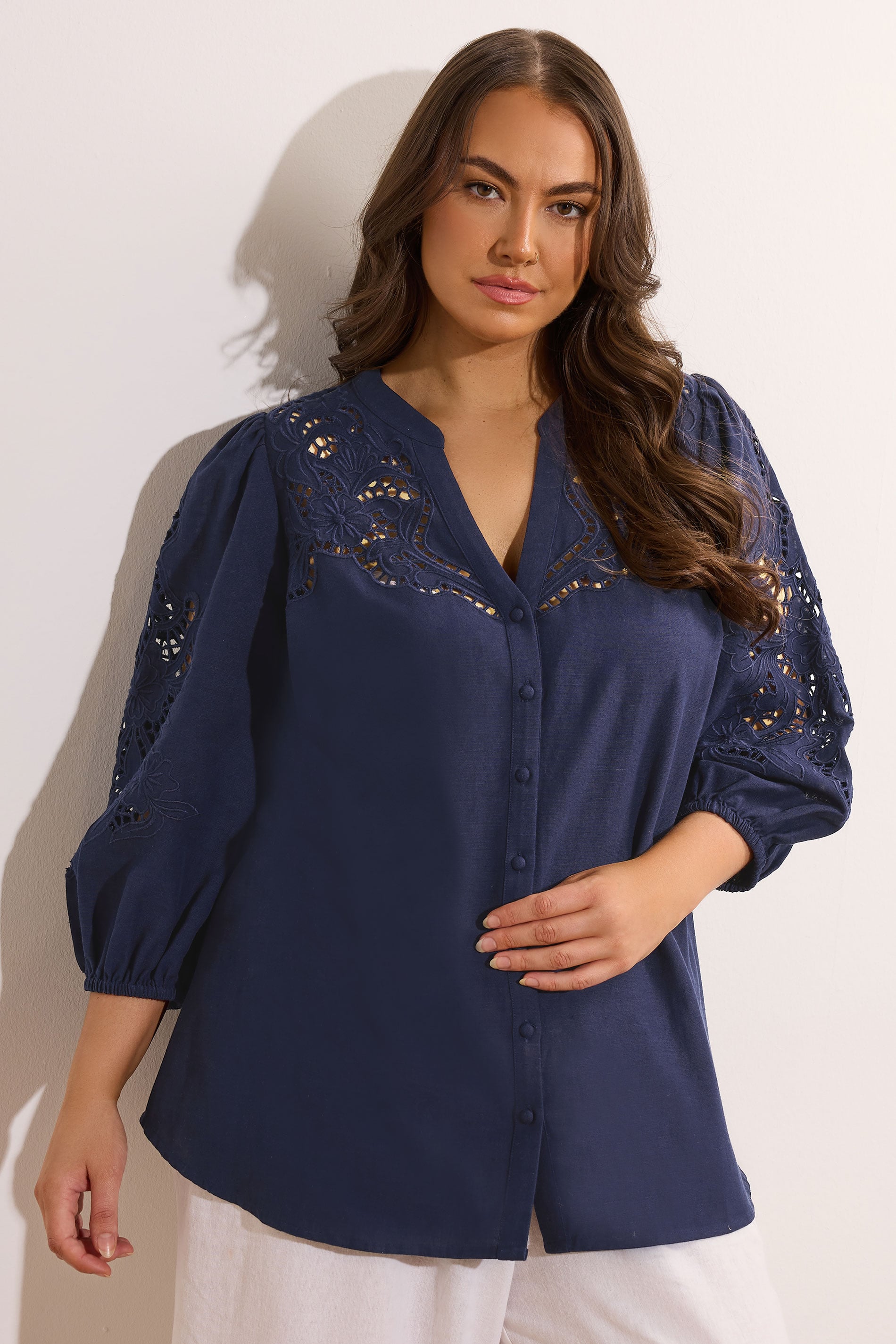 Evans Women's Blue Plus Navy Cutwork Linen Blouse Size 18