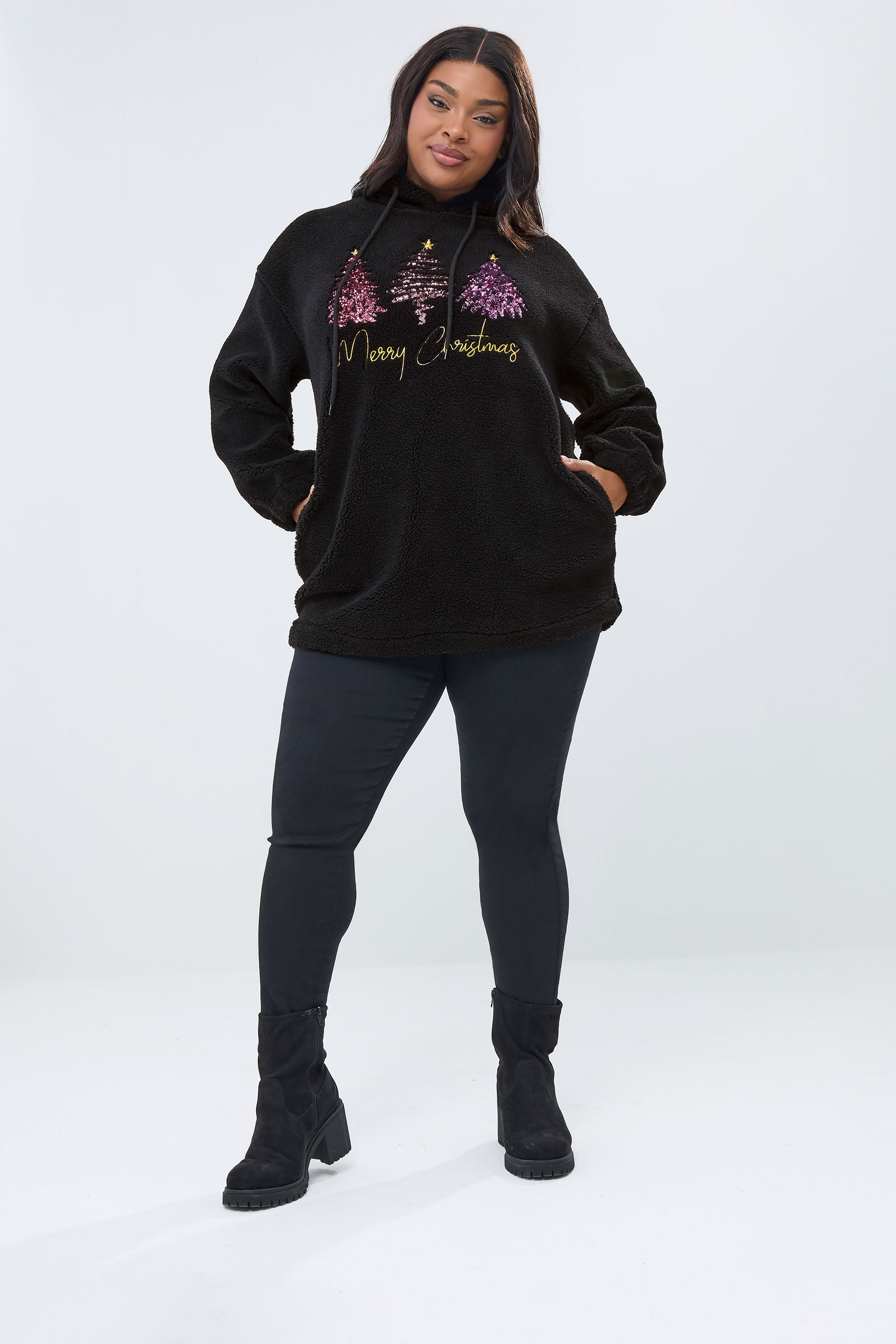 YOURS Plus Size Black 'Merry Christmas' Borg Novelty Hoodie | Yours Clothing 1