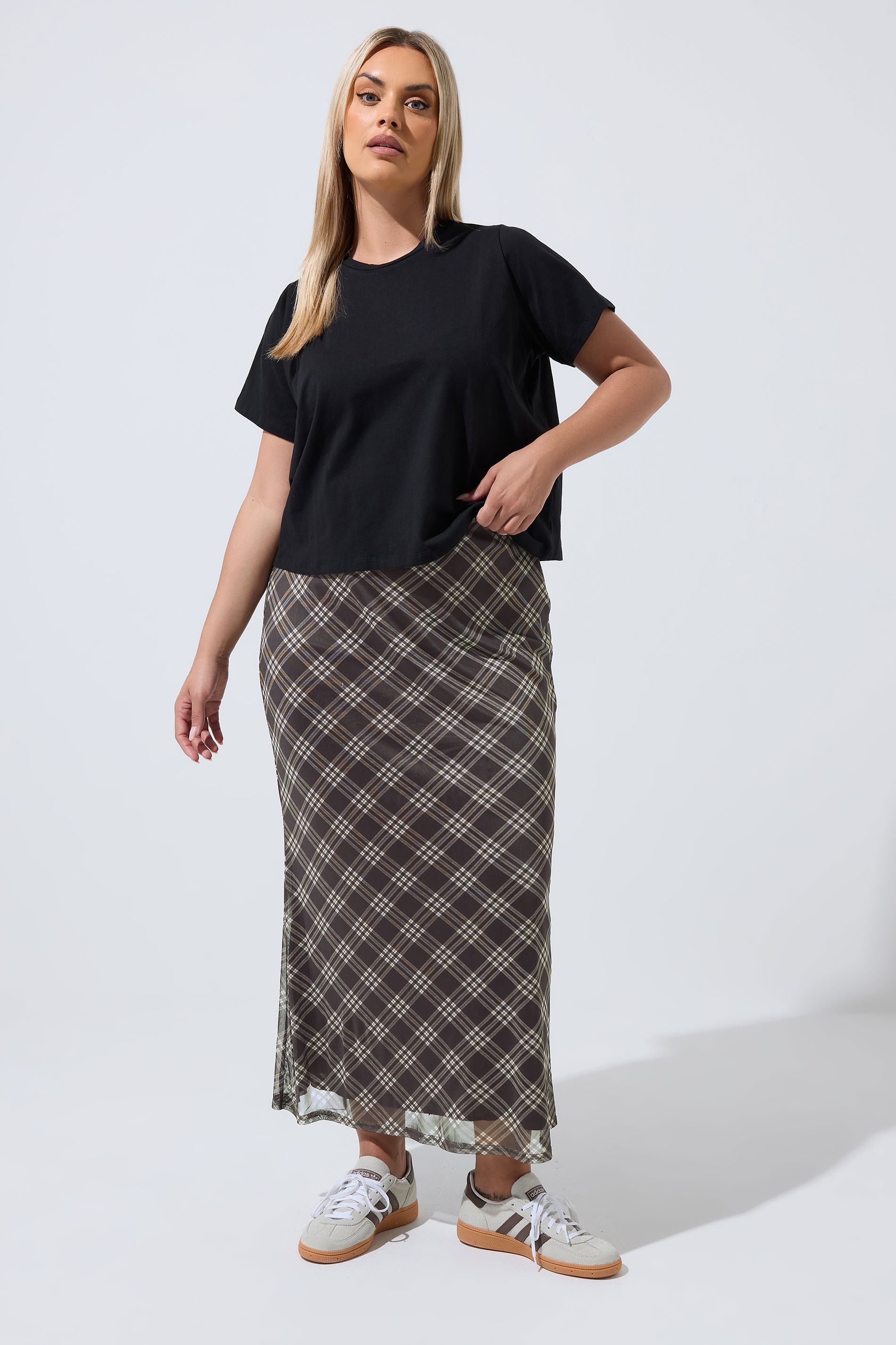 LIMITED COLLECTION Plus Size Brown Checked Mesh Skirt | Yours Clothing 1