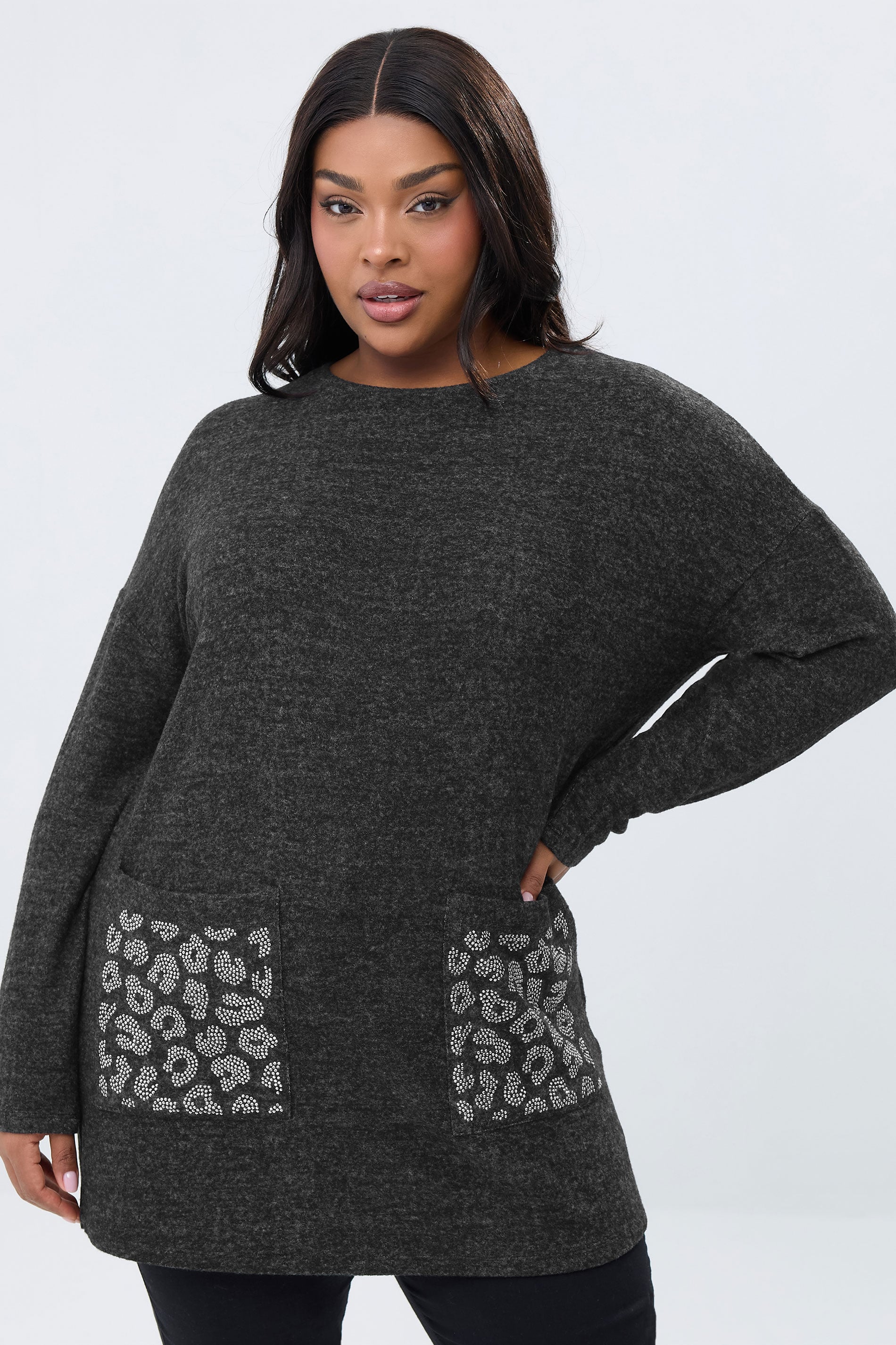 YOURS Plus Size Grey Leopard Diamante Embellished Pocket Top | Yours Clothing 3