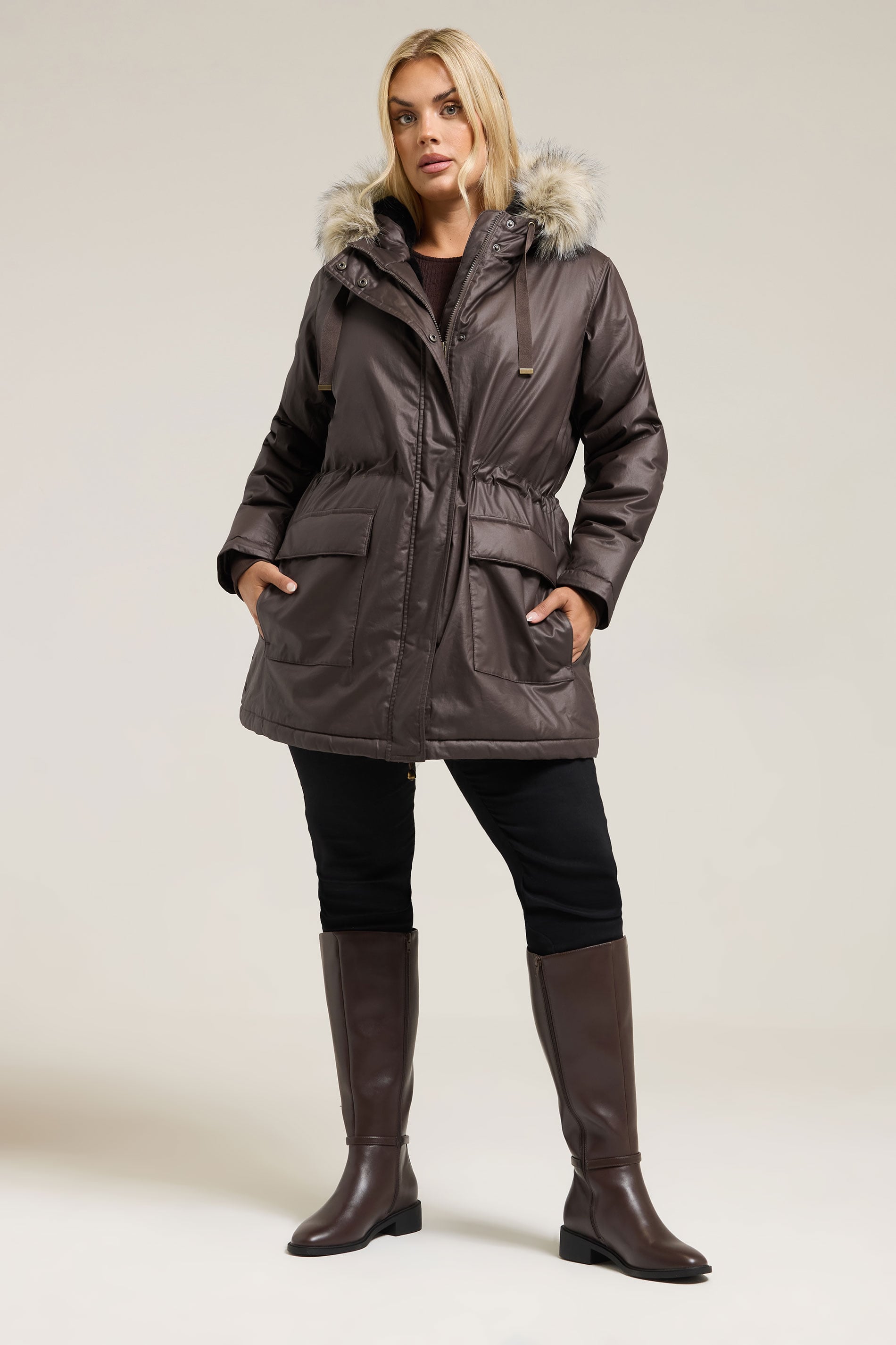 YOURS Plus Size Brown Waxed Faux Fur Trim Parka Coat | Yours Clothing 1