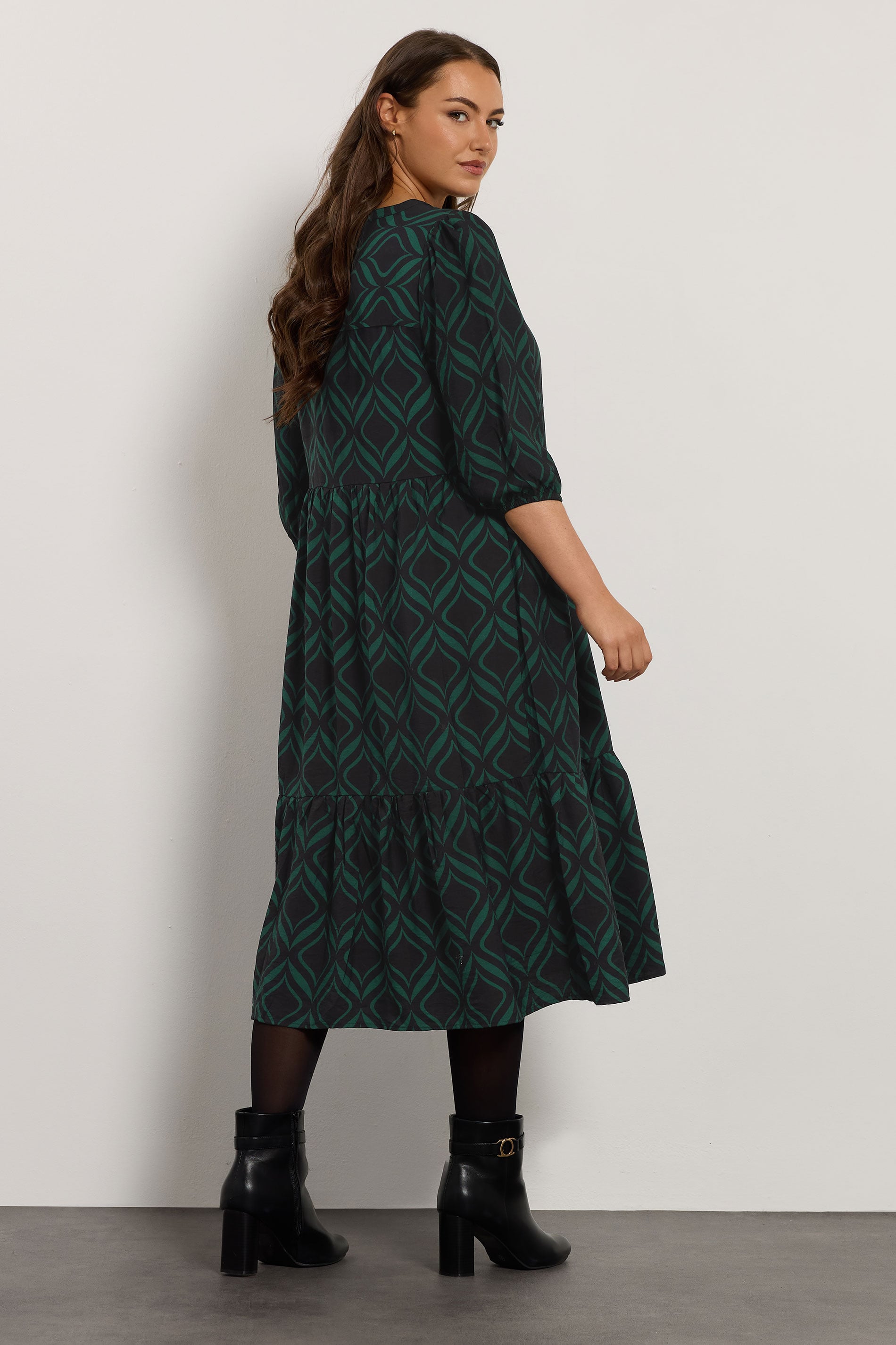 EVANS Plus Size Black Geometric Print Half Placket Dress | Evans 2
