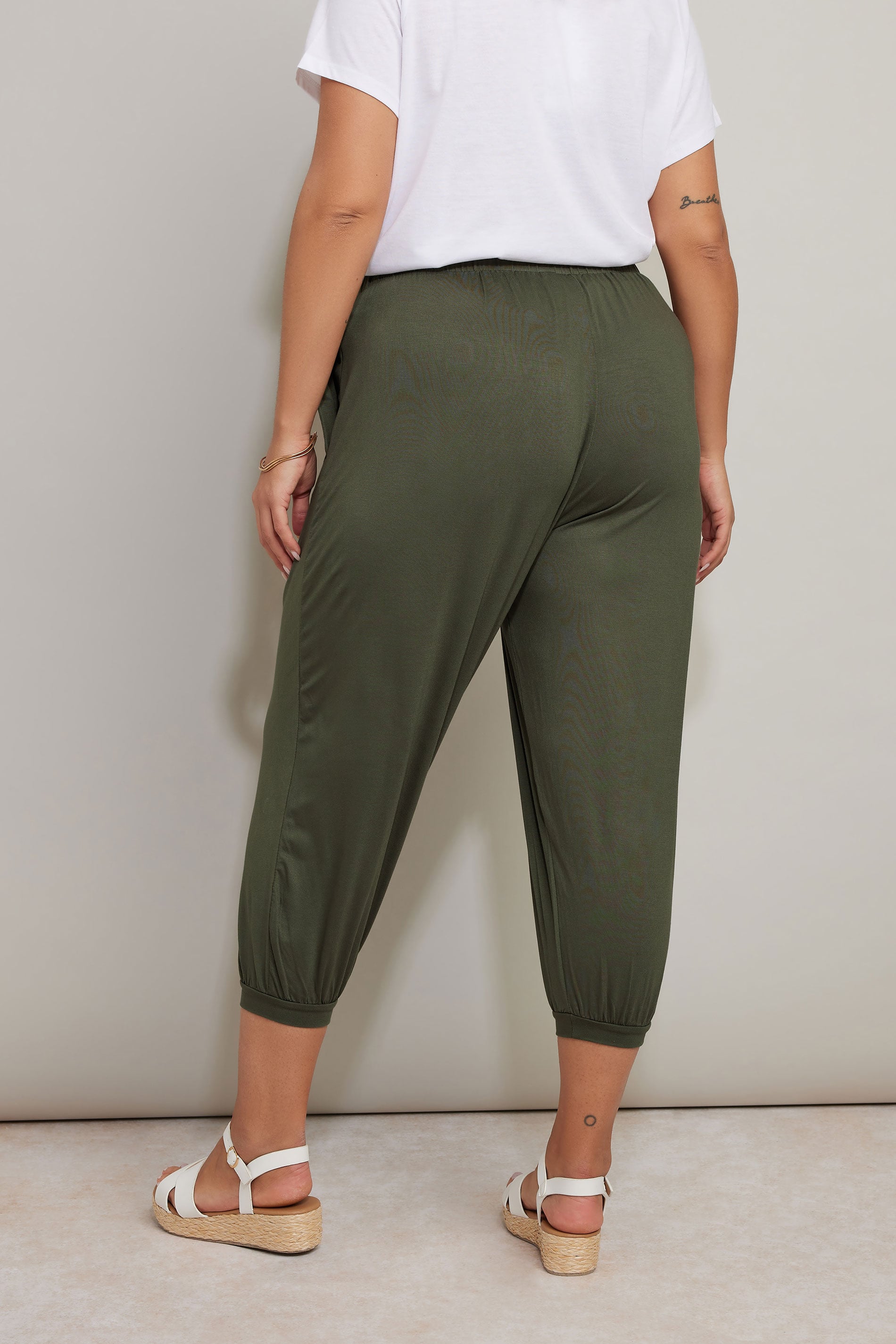 YOURS Plus Size Khaki Green Jersey Cropped Harem Trousers | Yours Clothing 2
