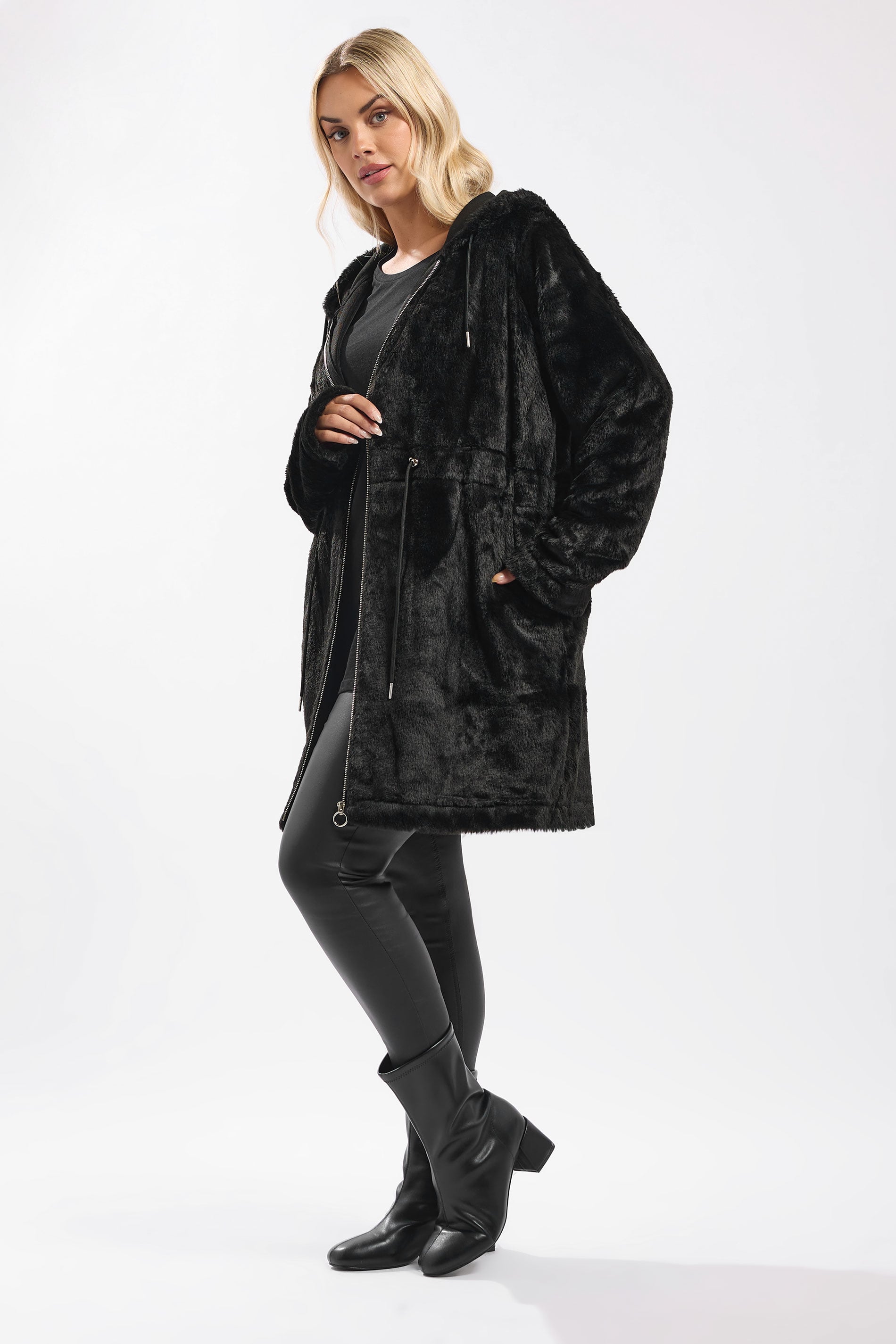 YOURS Plus Size Black Faux Fur Longline Zip Hoodie | Yours Clothing 1