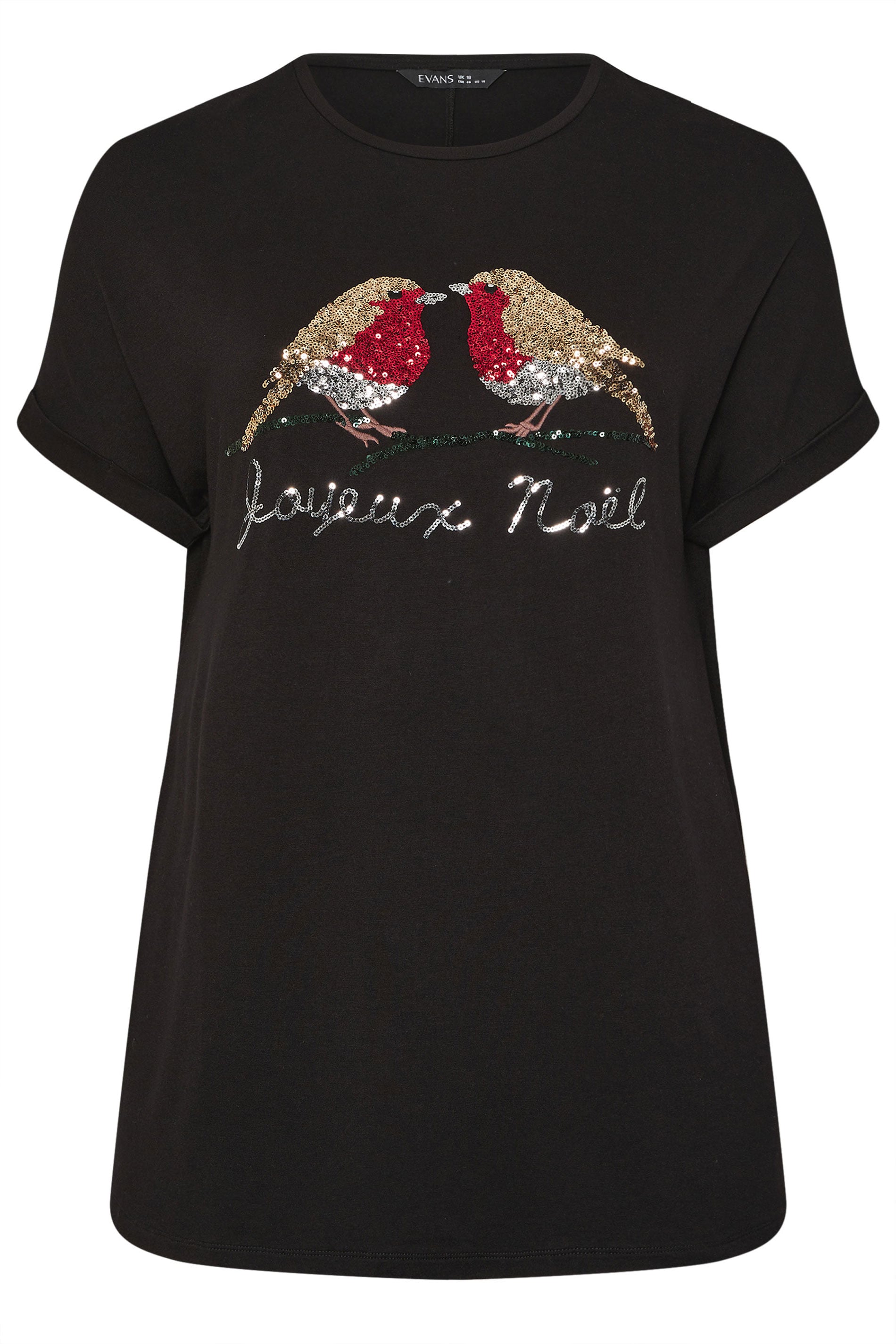 EVANS Plus Size Black Sequin Robin Christmas T-Shirt | Evans 5