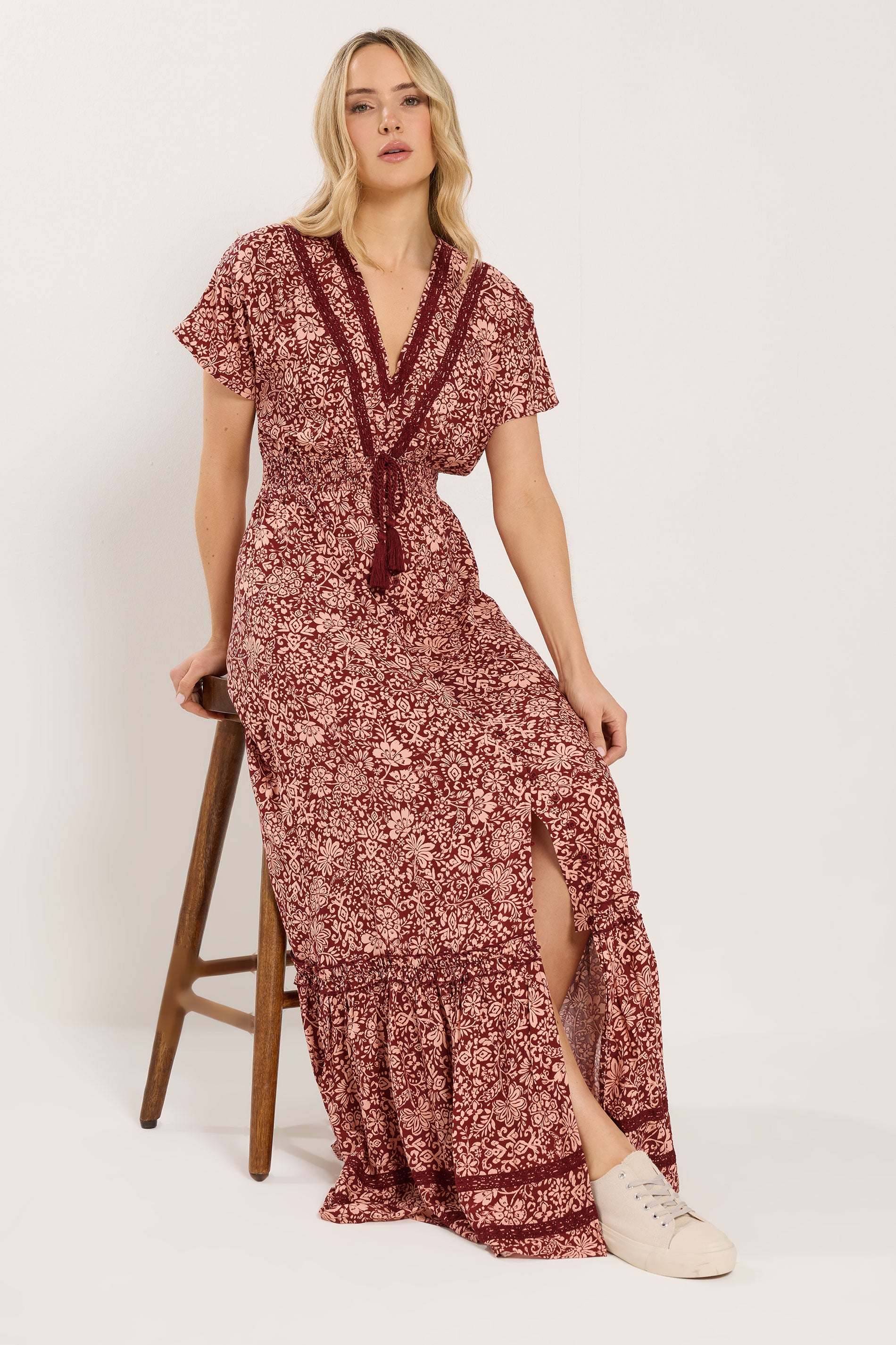LTS Tall Women's Red & Pink Floral Textured Maxi Dress | Long Tall Sally 2