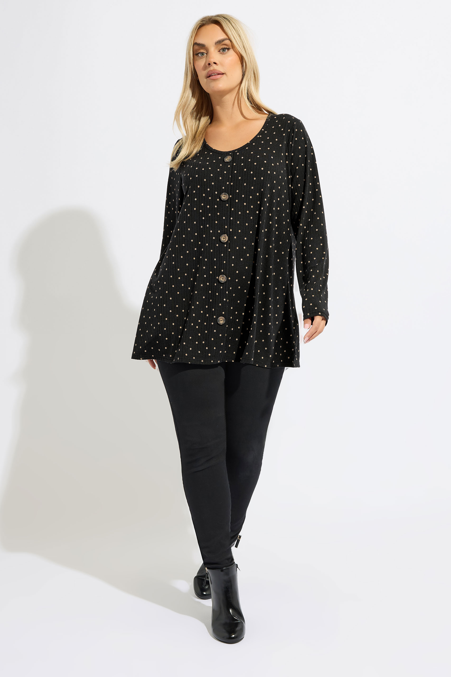 YOURS Plus Size Black Polka Dot Ribbed Button Top | Yours Clothing 2
