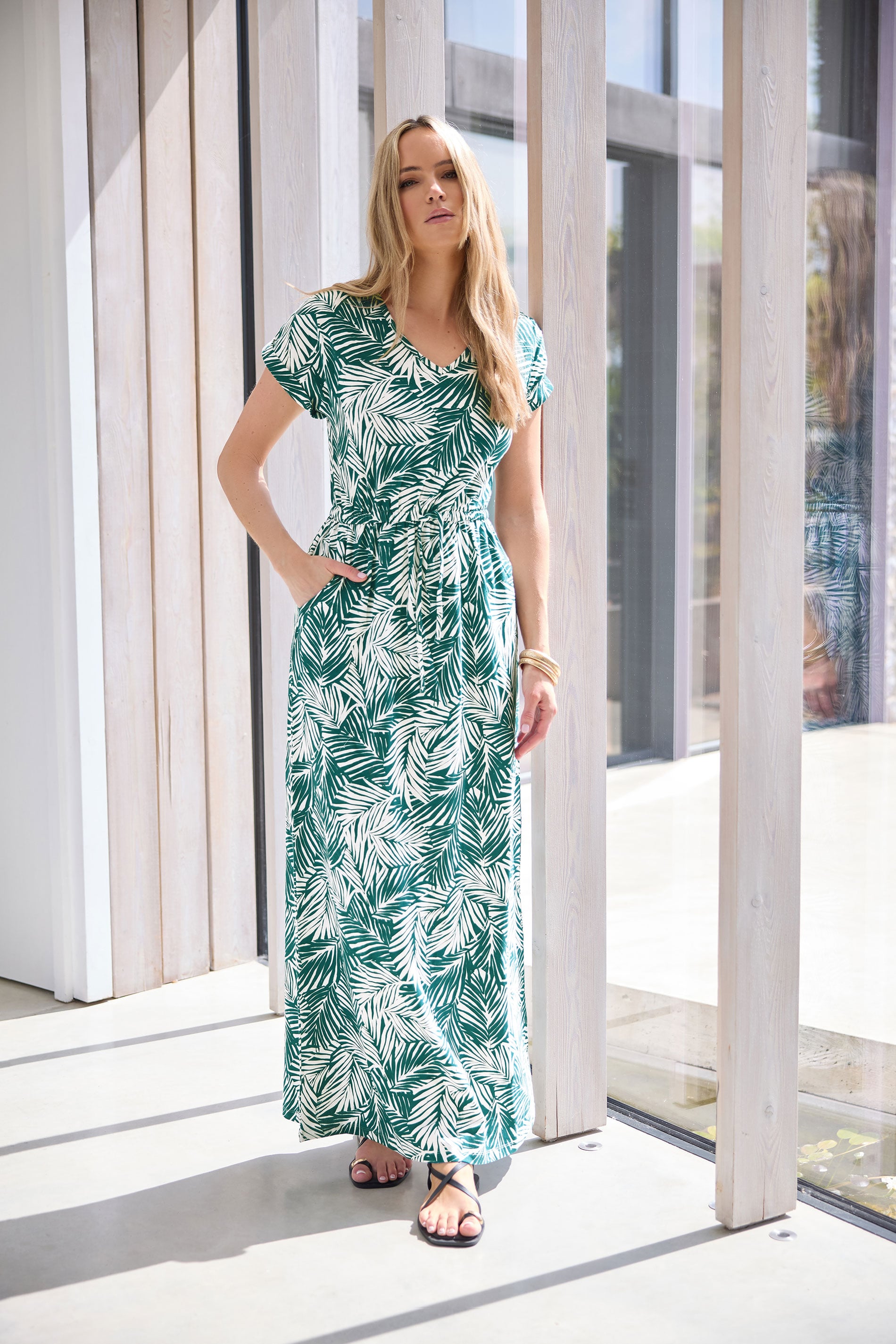 LTS Tall Green Tropical Palm Print Cotton Drawstring Maxi Dress | Long Tall Sally 3