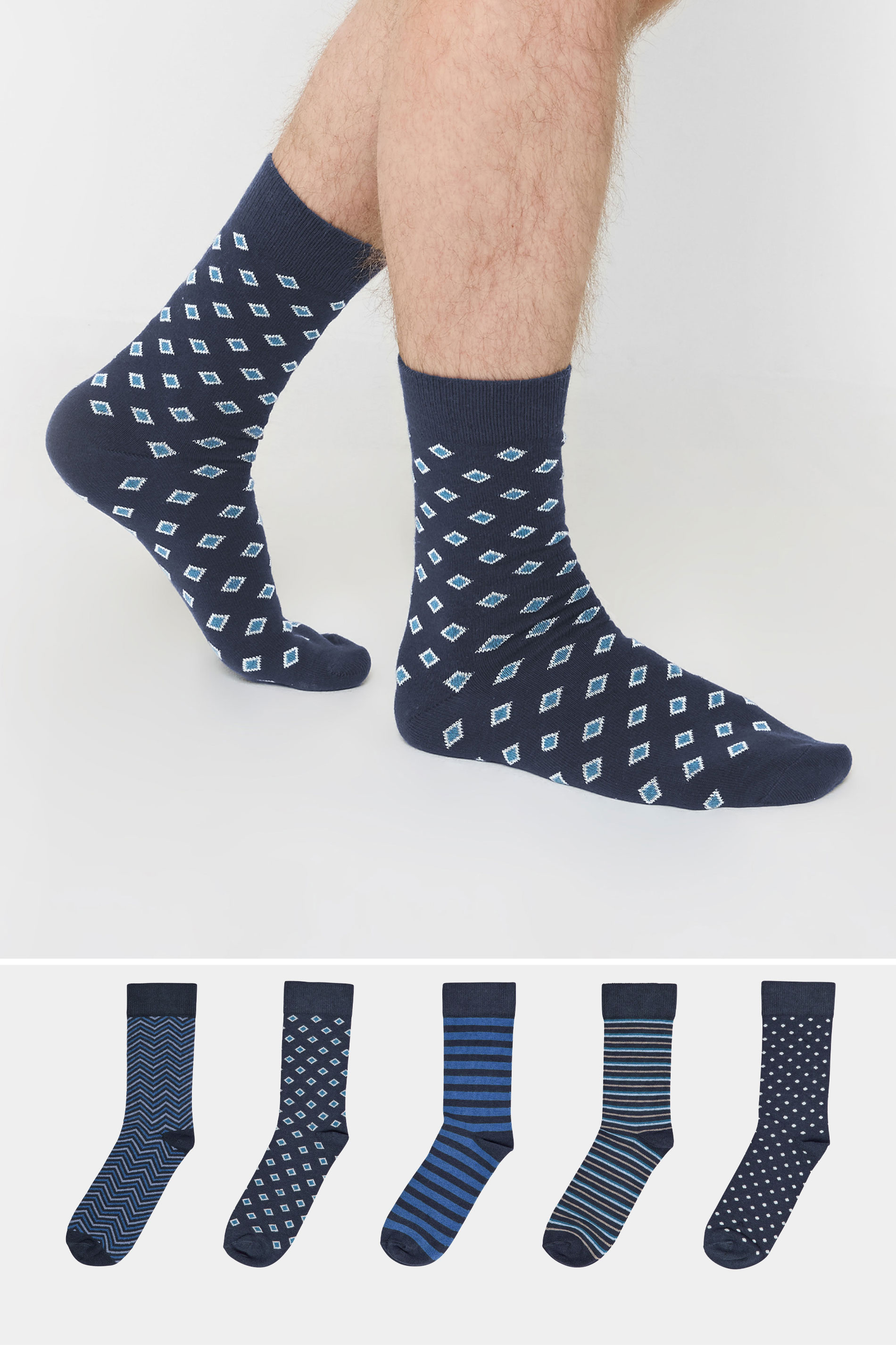 BadRhino 5 PACK Navy Blue Stripe & Spot Print Ankle Socks | BadRhino 3