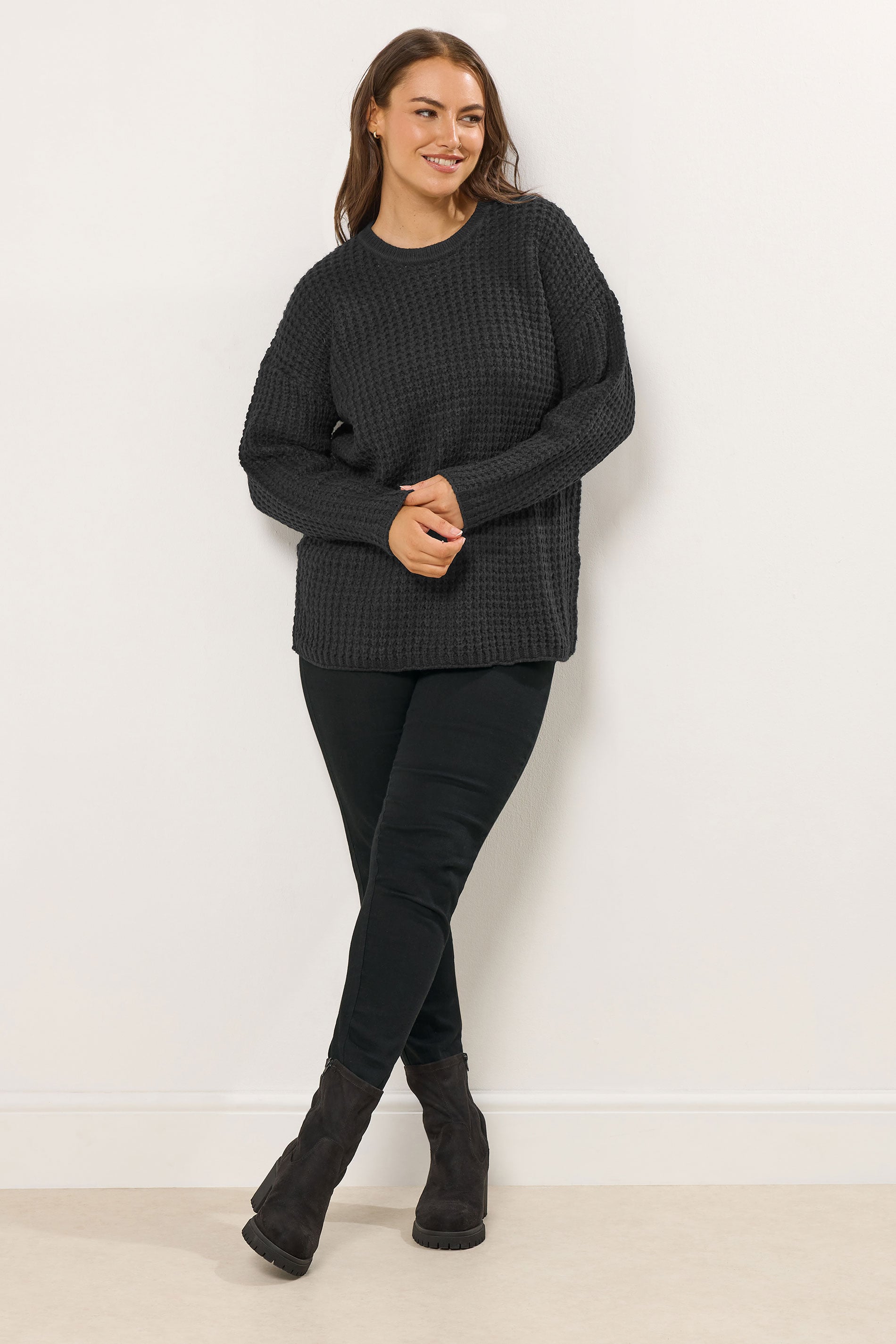 YOURS Plus Size Black Waffle Knit Jumper | Yours Clothing 1