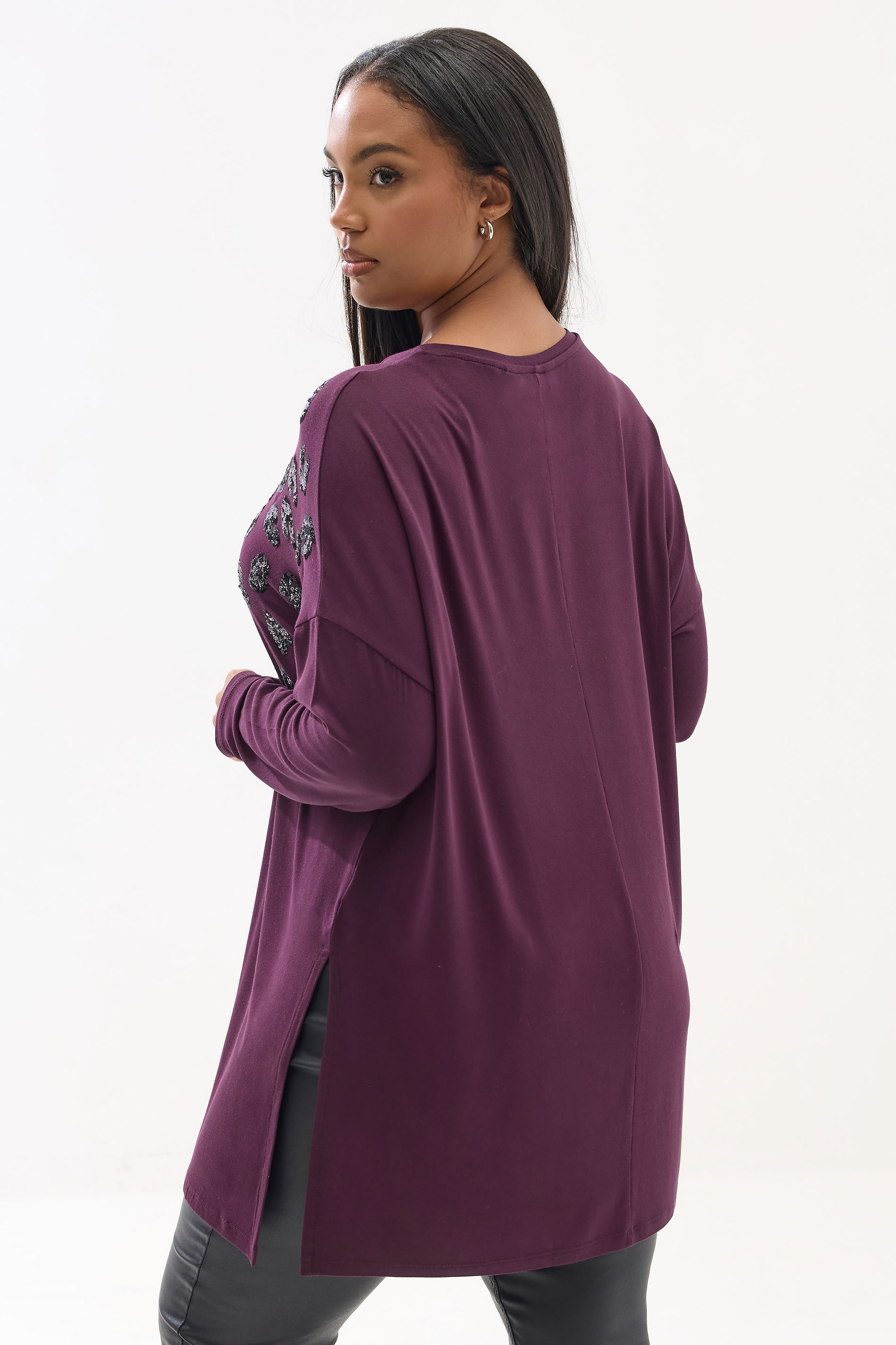 YOURS Plus Size Purple Leopard Sequin Long Sleeve Top | Yours Clothing 2