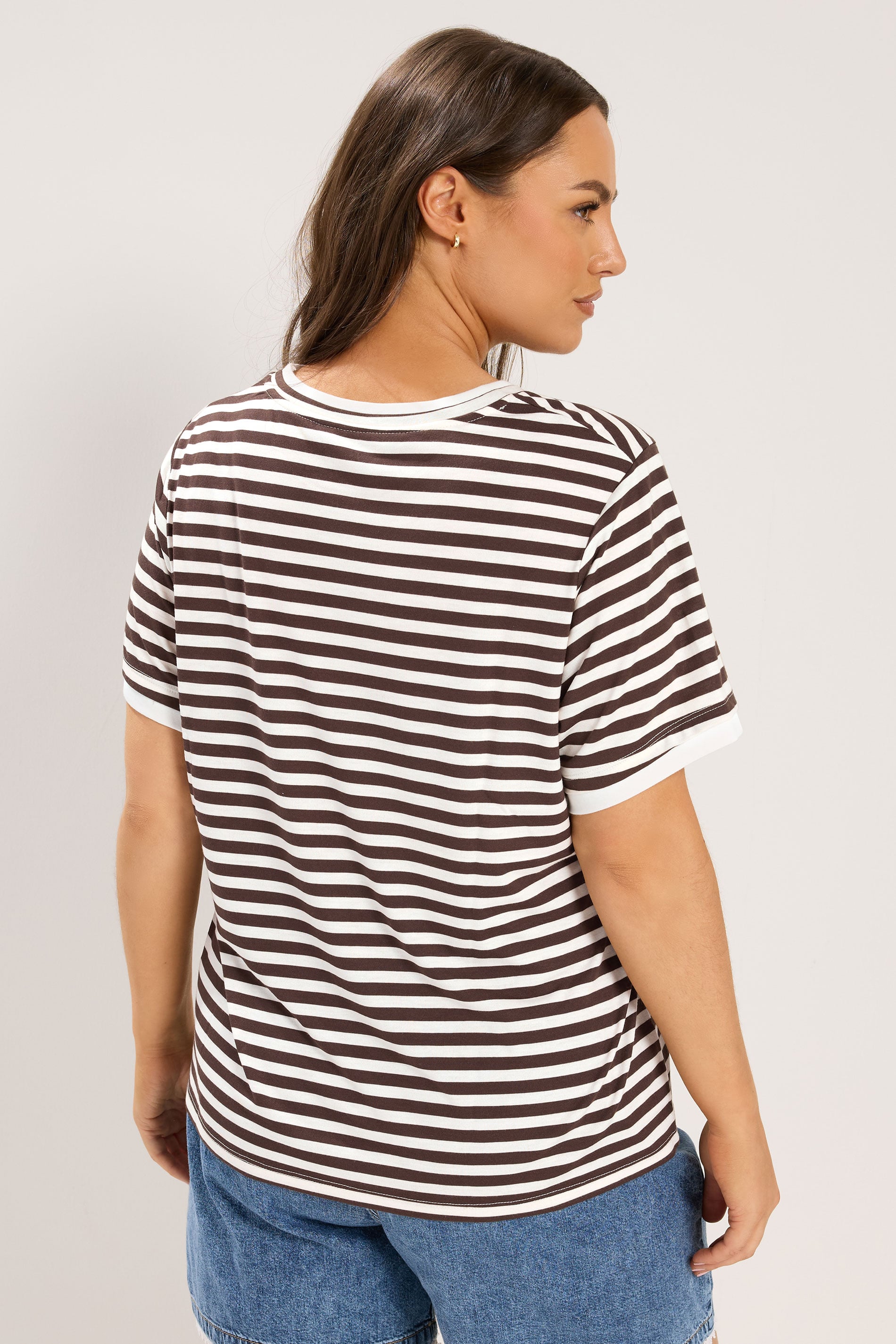YOURS Plus Size Chocolate Brown Stripe Ringer T-Shirt | Yours Clothing 2