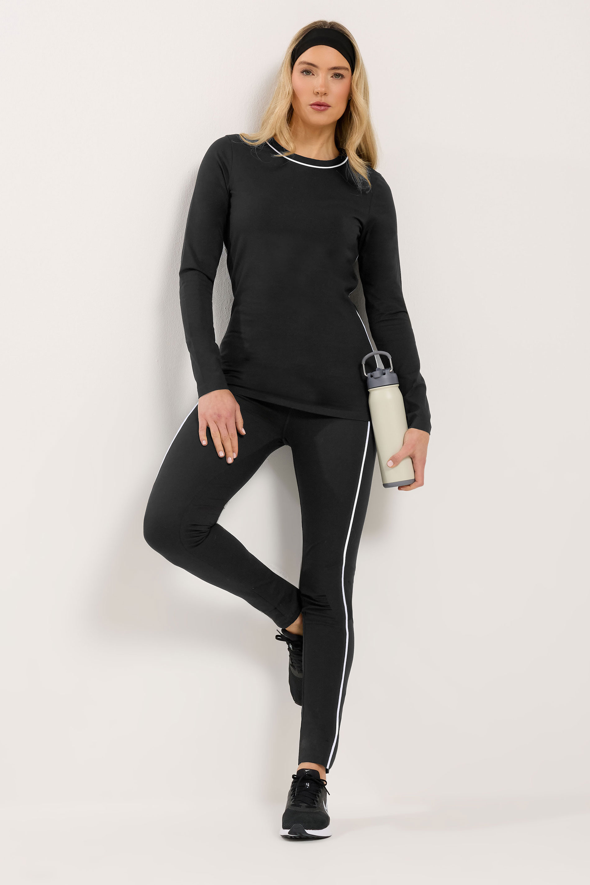 LTS Tall Set Women's Black Cotton Active Piped Long Sleeve Top & Leggings | Long Tall Sally 1