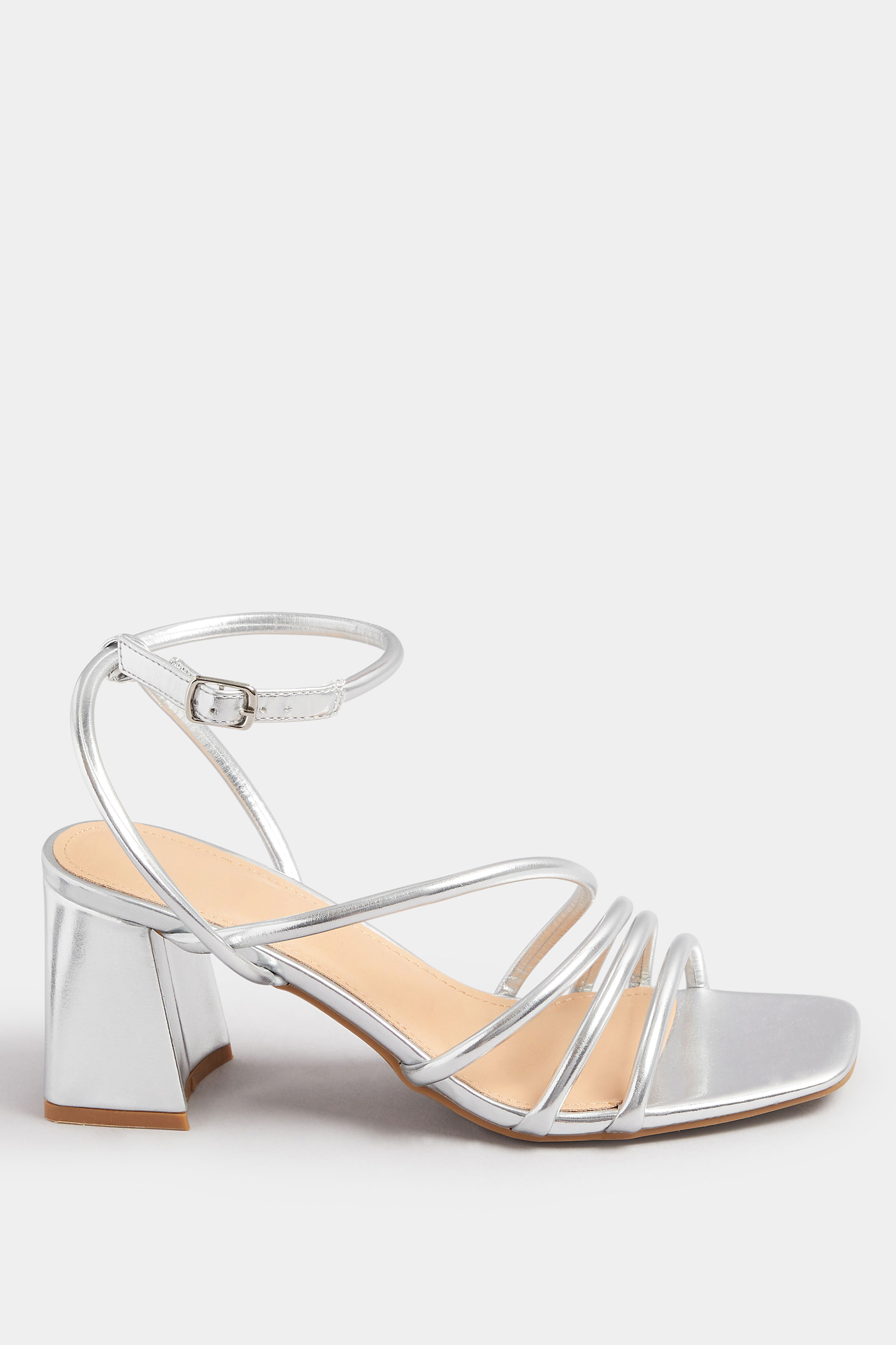Silver Aysmmetric Strappy Block Heels In Standard Fit | Yours Clothing 2