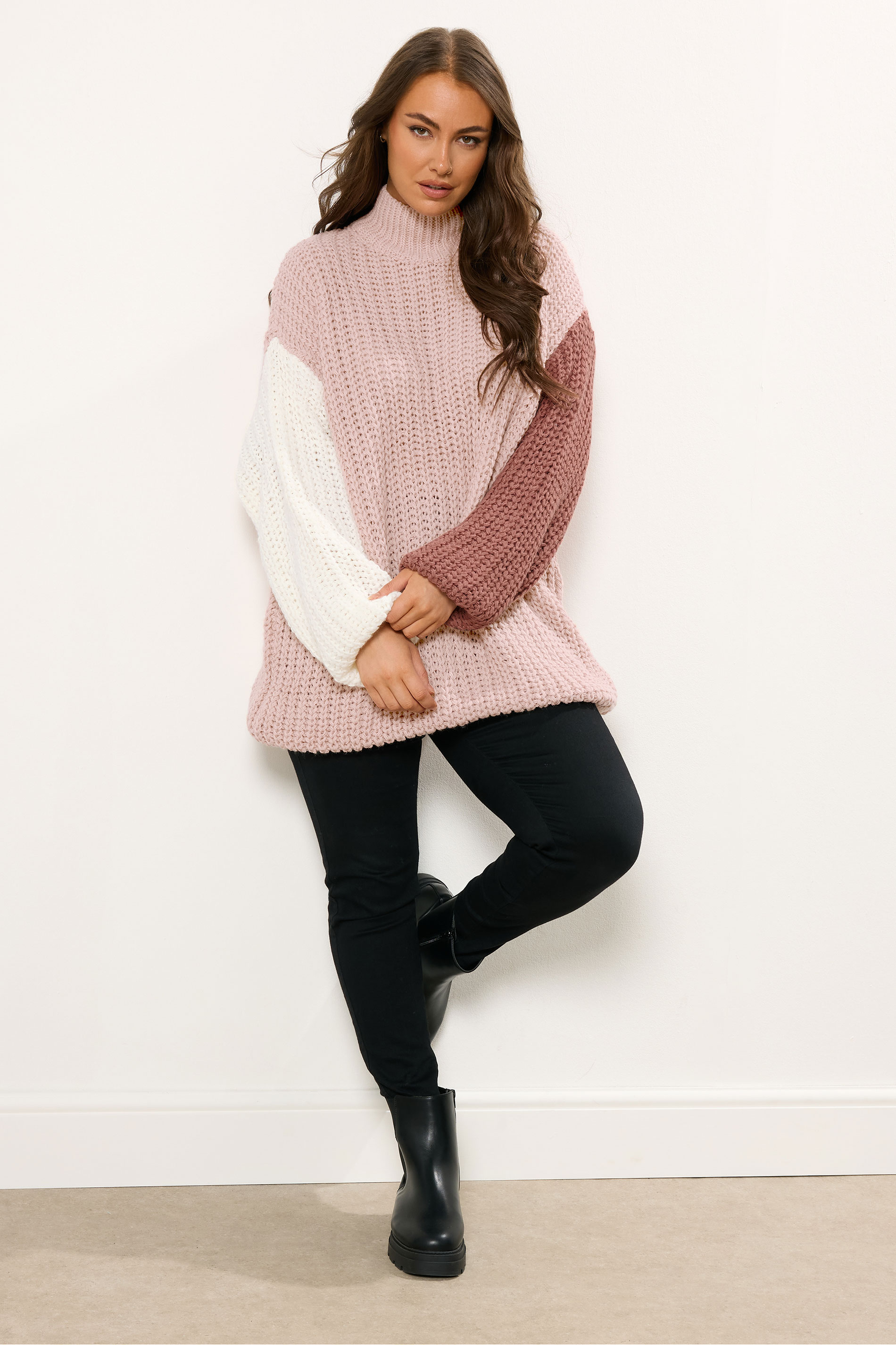 YOURS Plus Size Natural Brown Colourblock Knitted Jumper | Yours Clothing 1