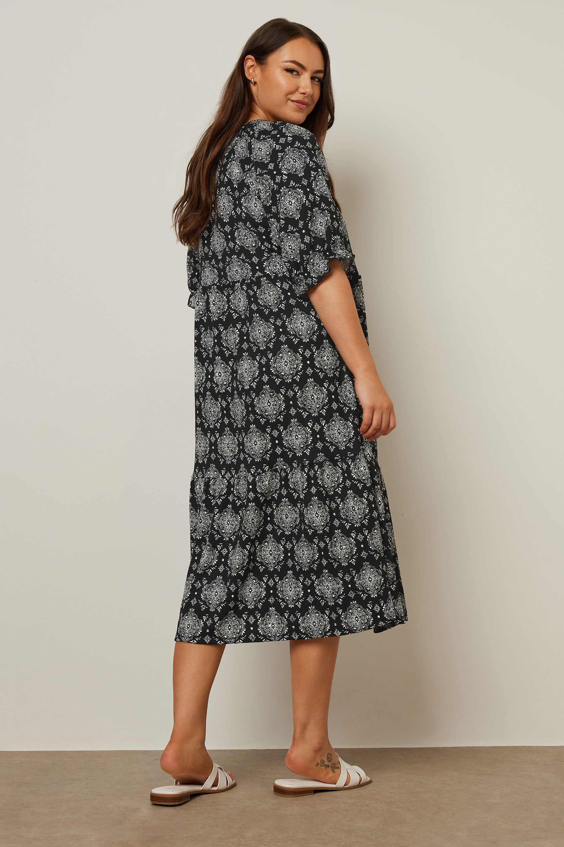 YOURS Plus Size Black Tile Print Tiered Midi Dress | Yours Clothing 2