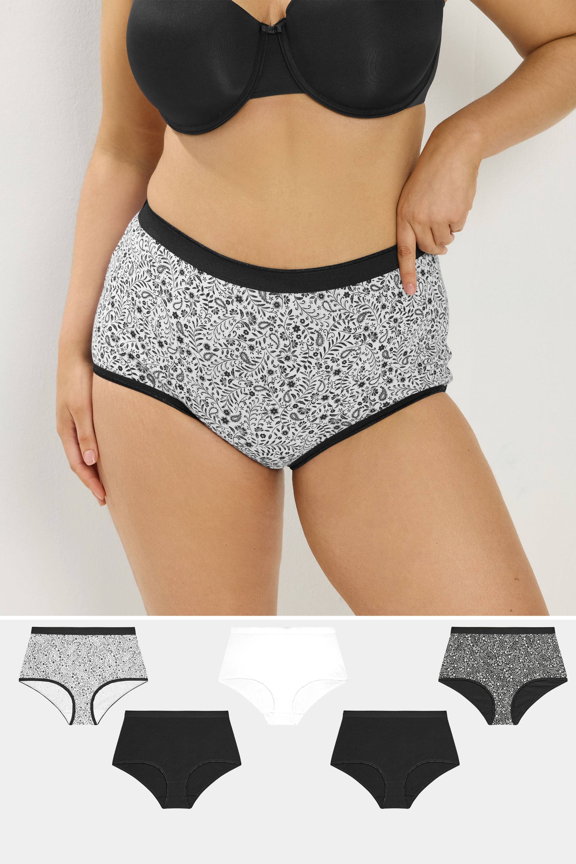 YOURSET 5 PACK Plus Size Black Paisley Print Full Briefs | Yours Clothing 1