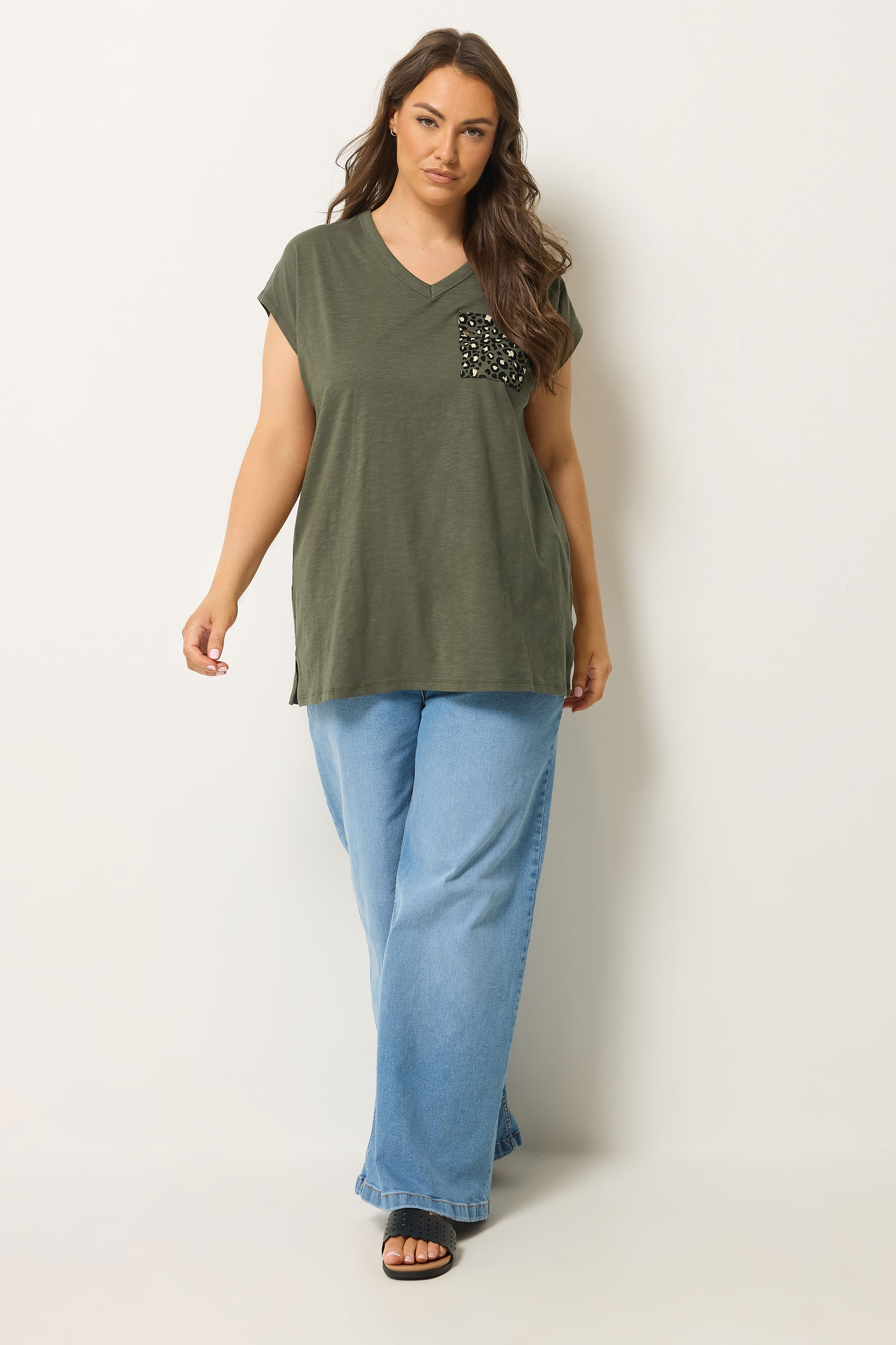 YOURS Plus Size Khaki Green Animal Stud Pocket T-Shirt | Yours Clothing 1