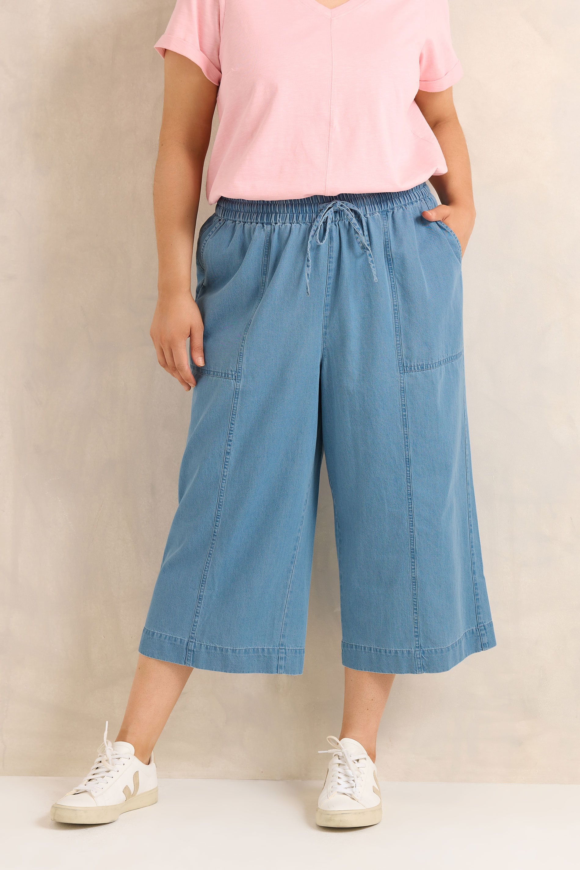 Evans Women's Blue Plus Mid Cropped Pull On Cotton Trousers Size 22-24