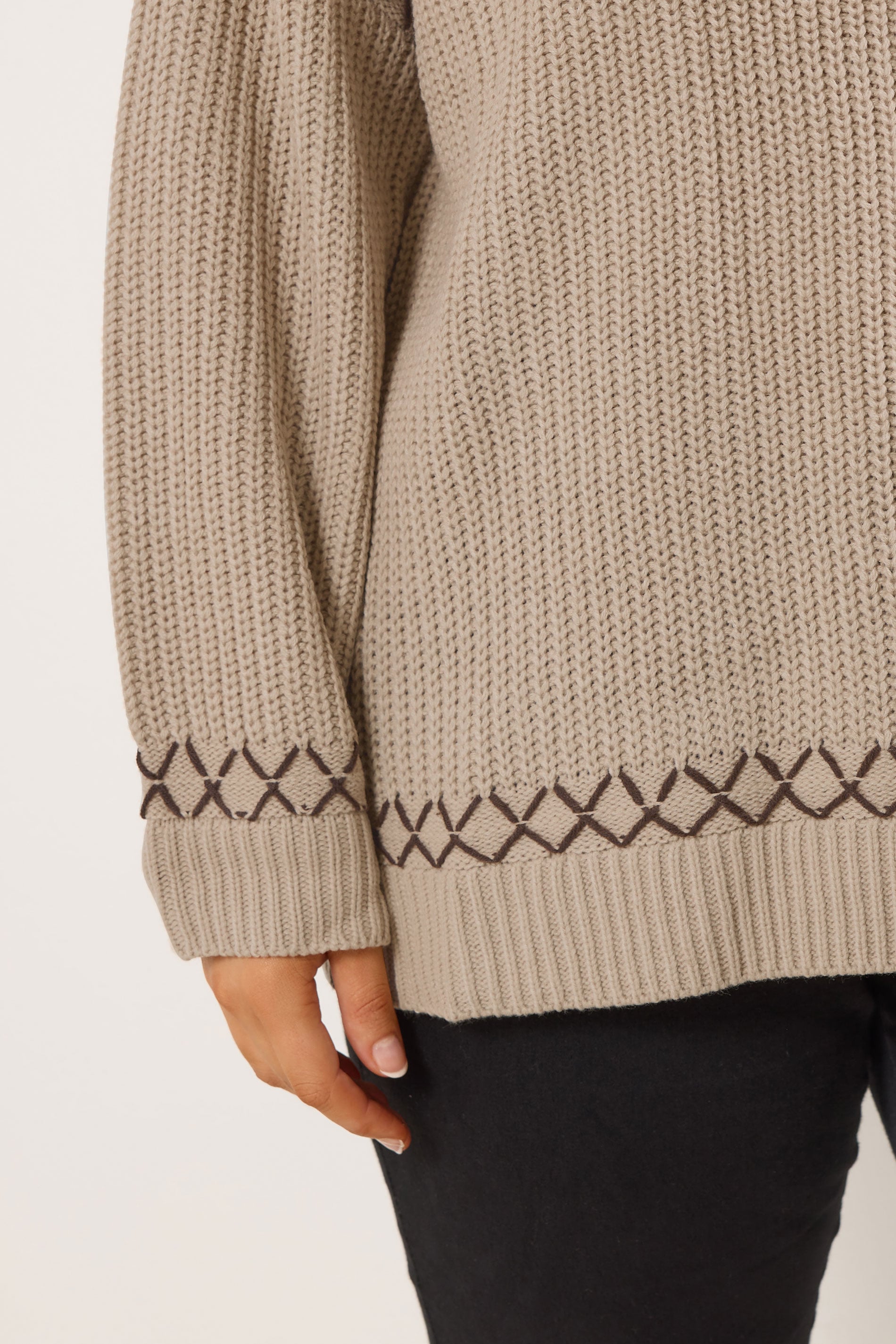 YOURS Plus Size Natural Brown Blanket Stitch Jumper | Yours Clothing 5