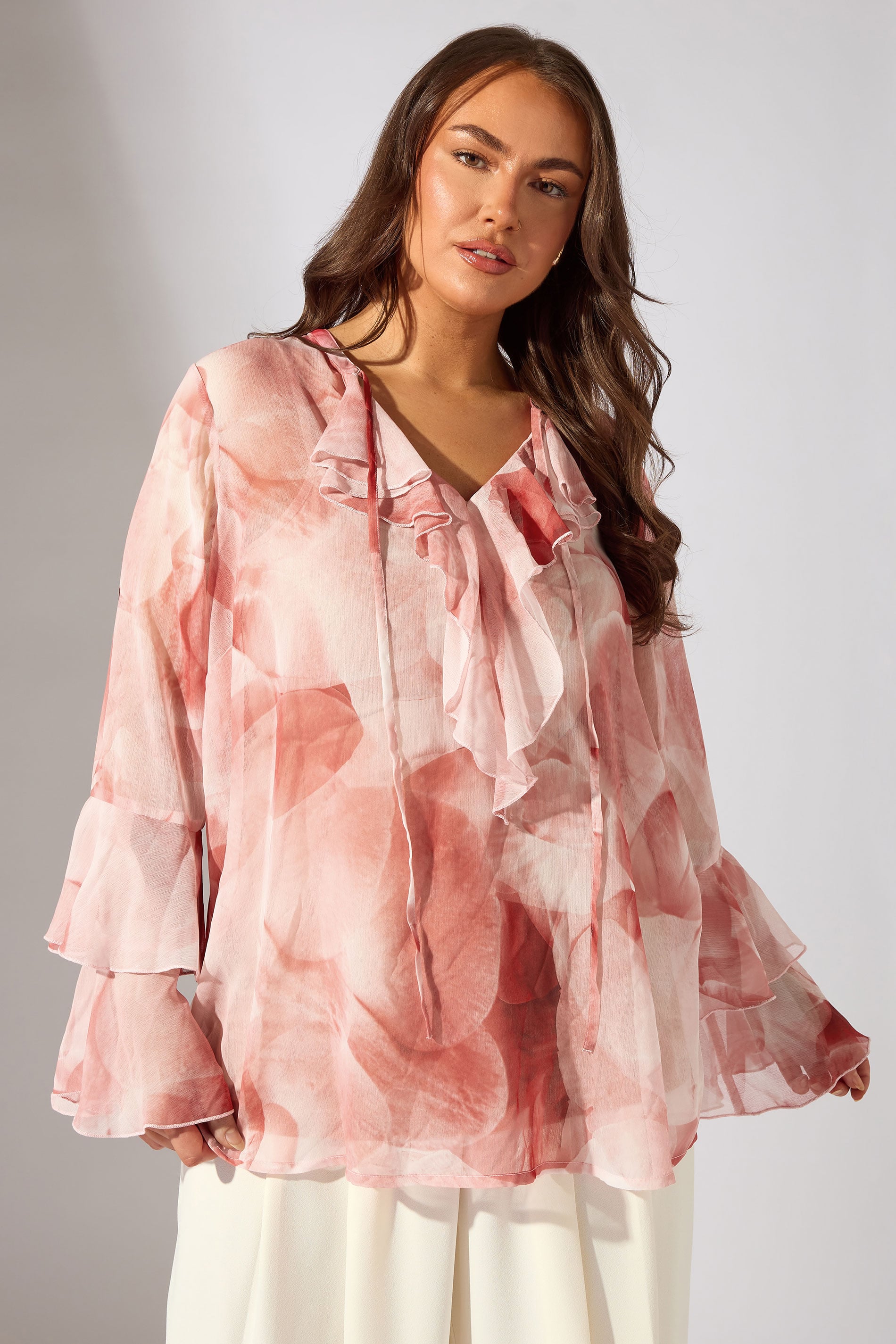 EVANS Plus Size Pink Floral Ruffle Sleeve Occasion Blouse | Evans 1