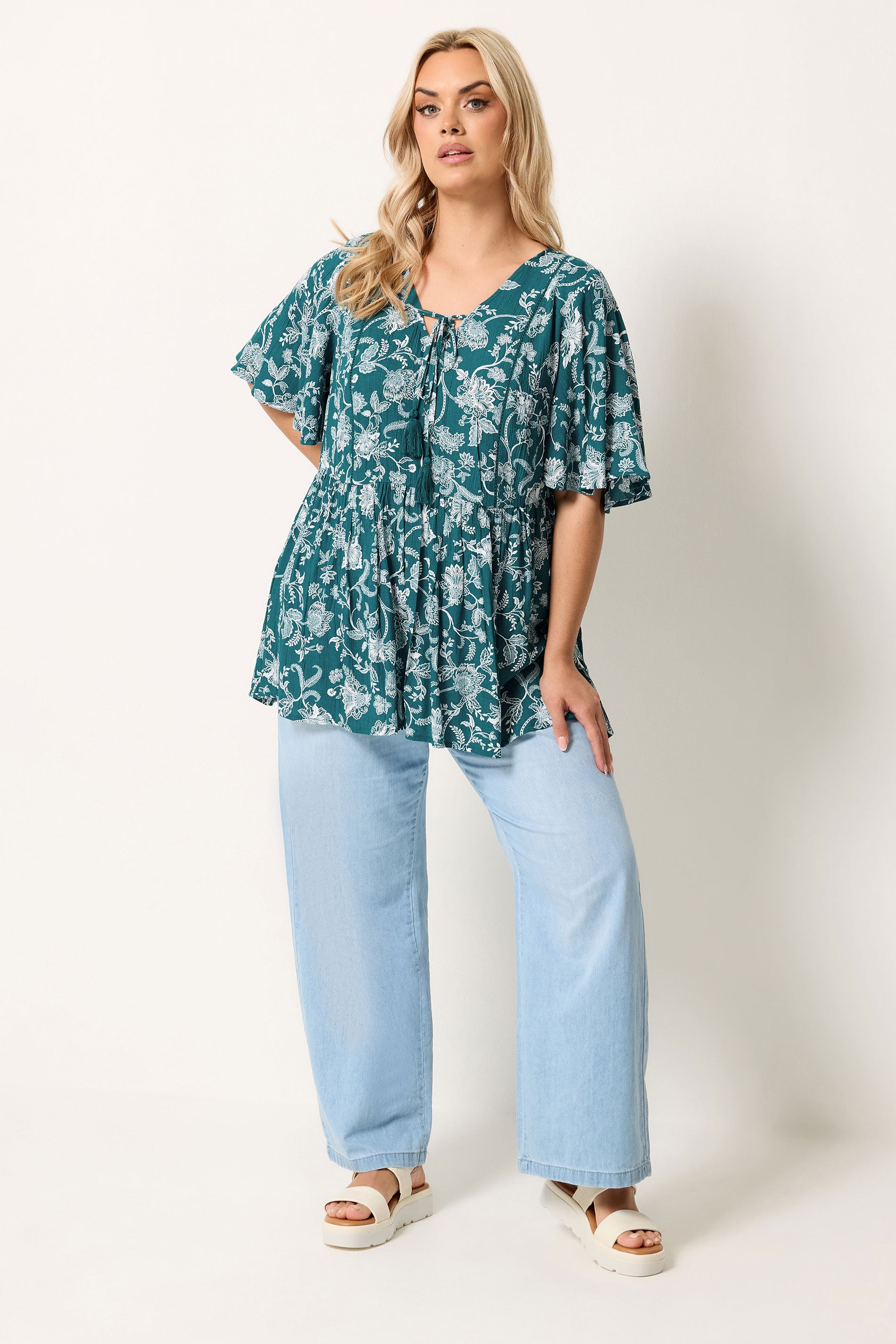 YOURS Plus Size Paisley Green Tie Neck Top | Yours Clothing 1
