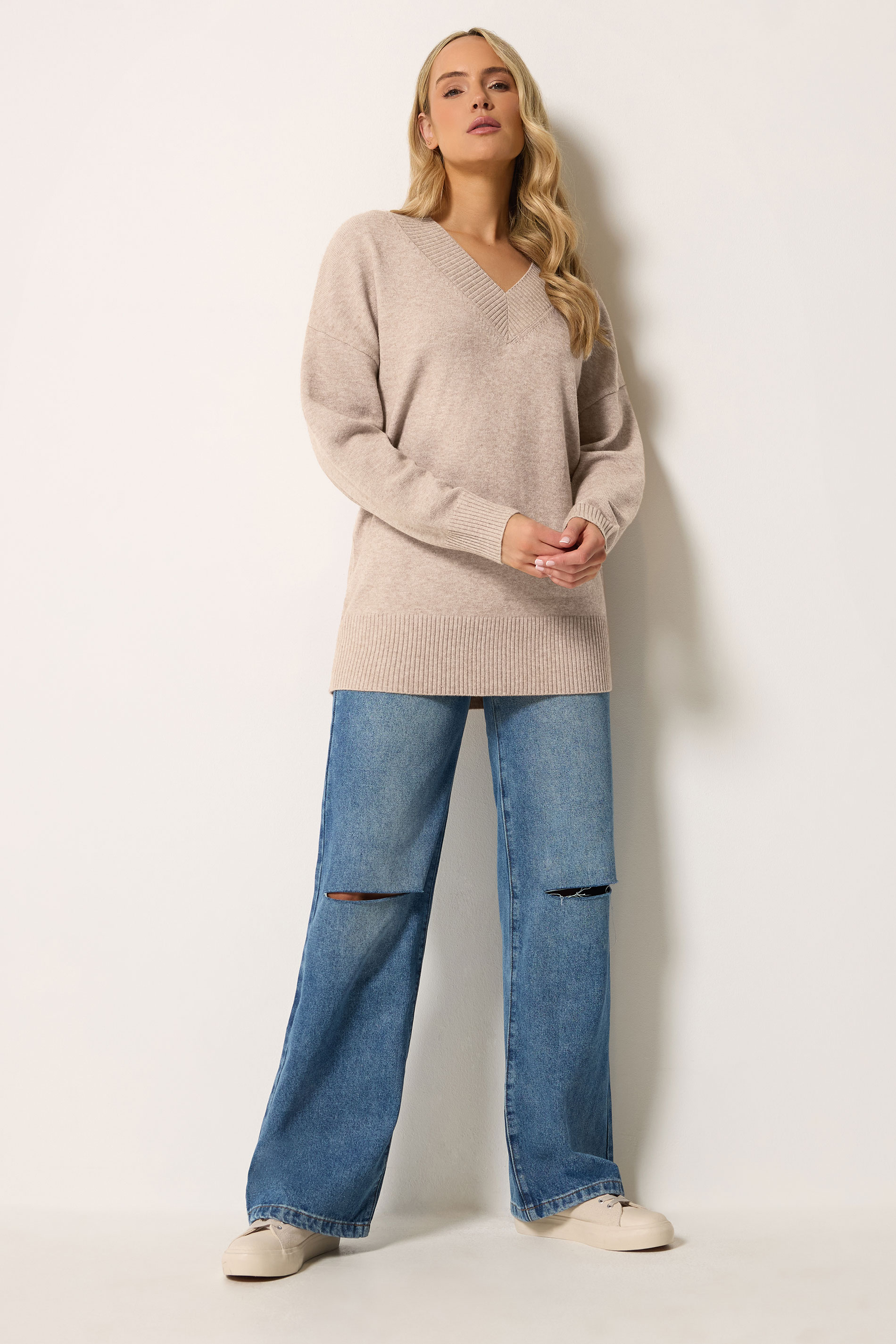 LTS Tall Women's Natural Brown V-Neck Knitted Jumper | Long Tall Sally 1