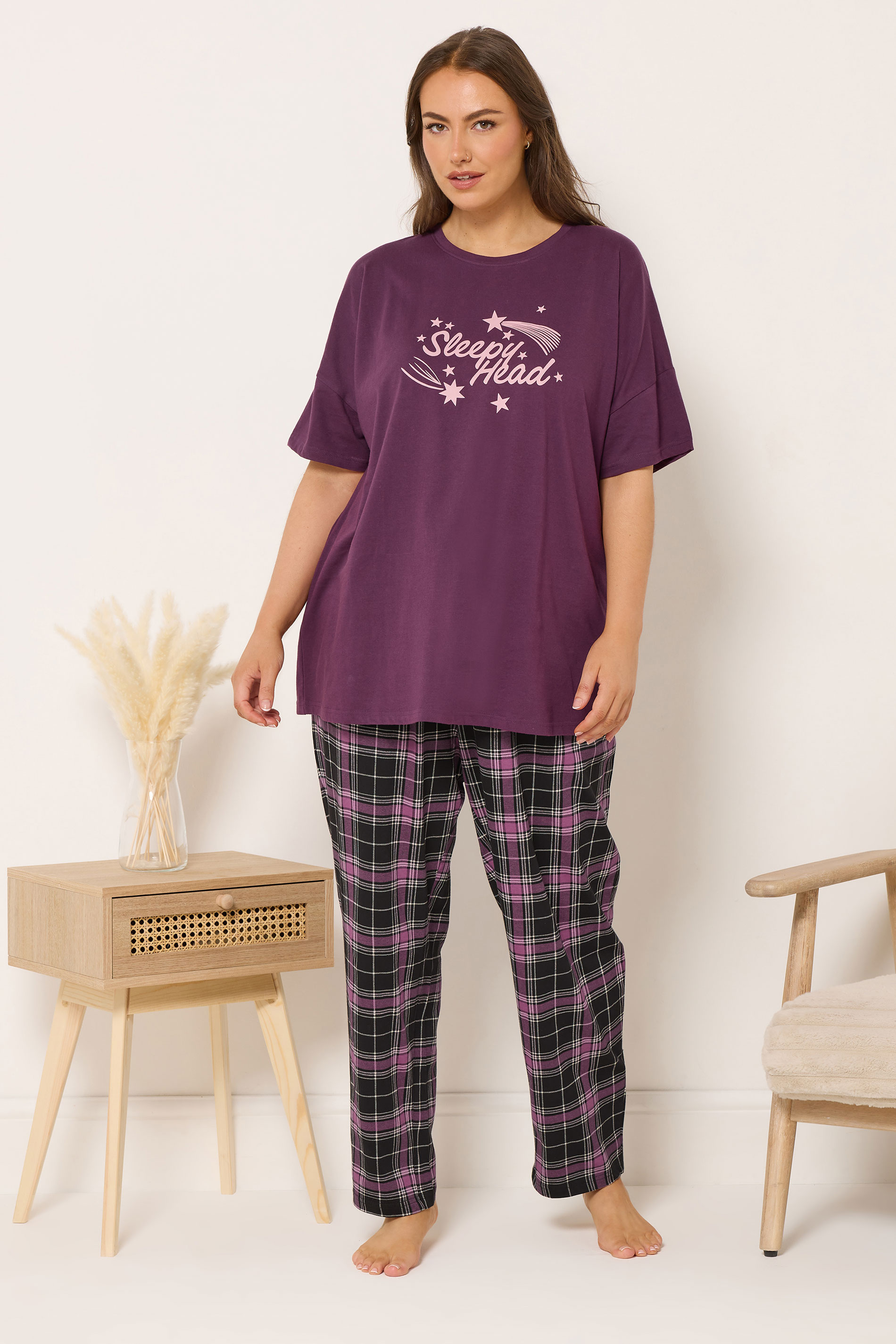 YOURS Plus Size Black Check Wide Leg Pyjama Bottoms | Yours Clothing 2