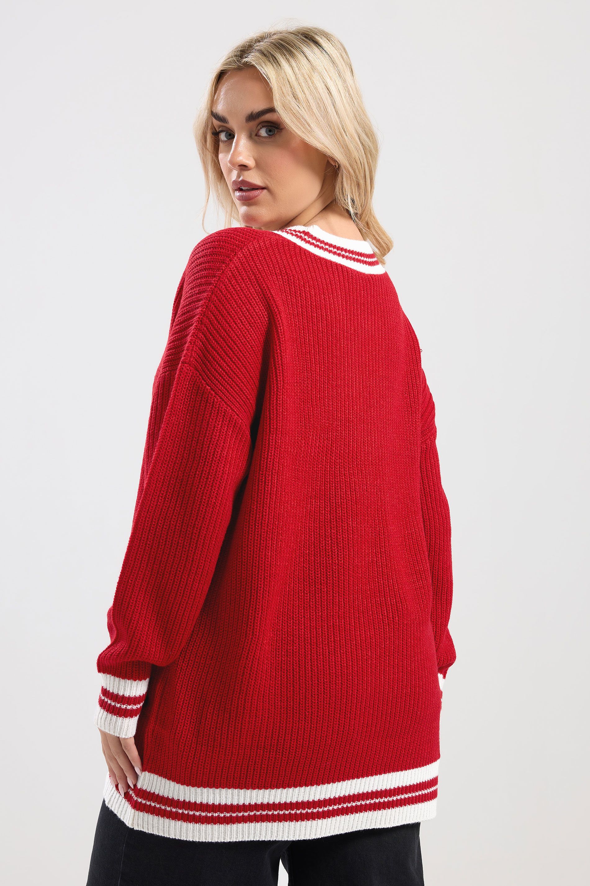 YOURS Plus Size Red Contrast V-Neck Knitted Jumper | Yours Clothing 2