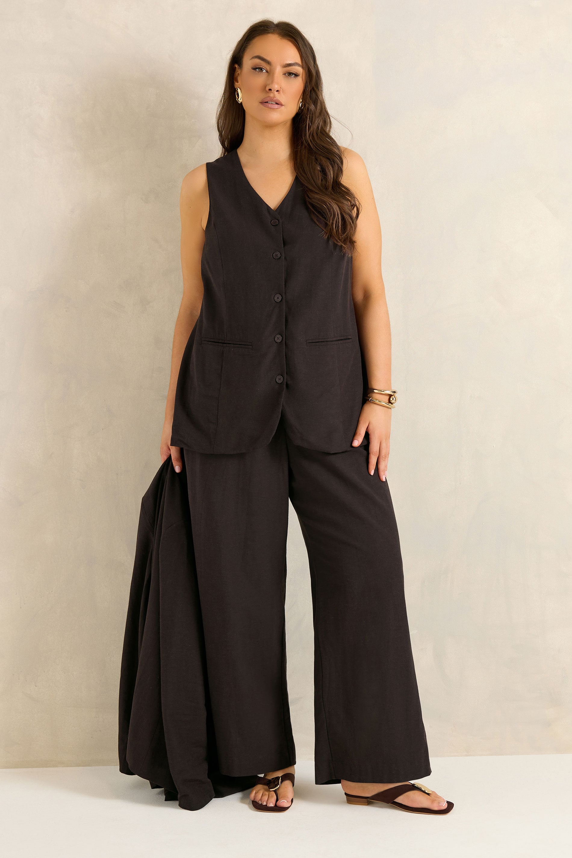 Evans Women's Brown Plus Chocolate Tailored Linen Trousers Size 30-32