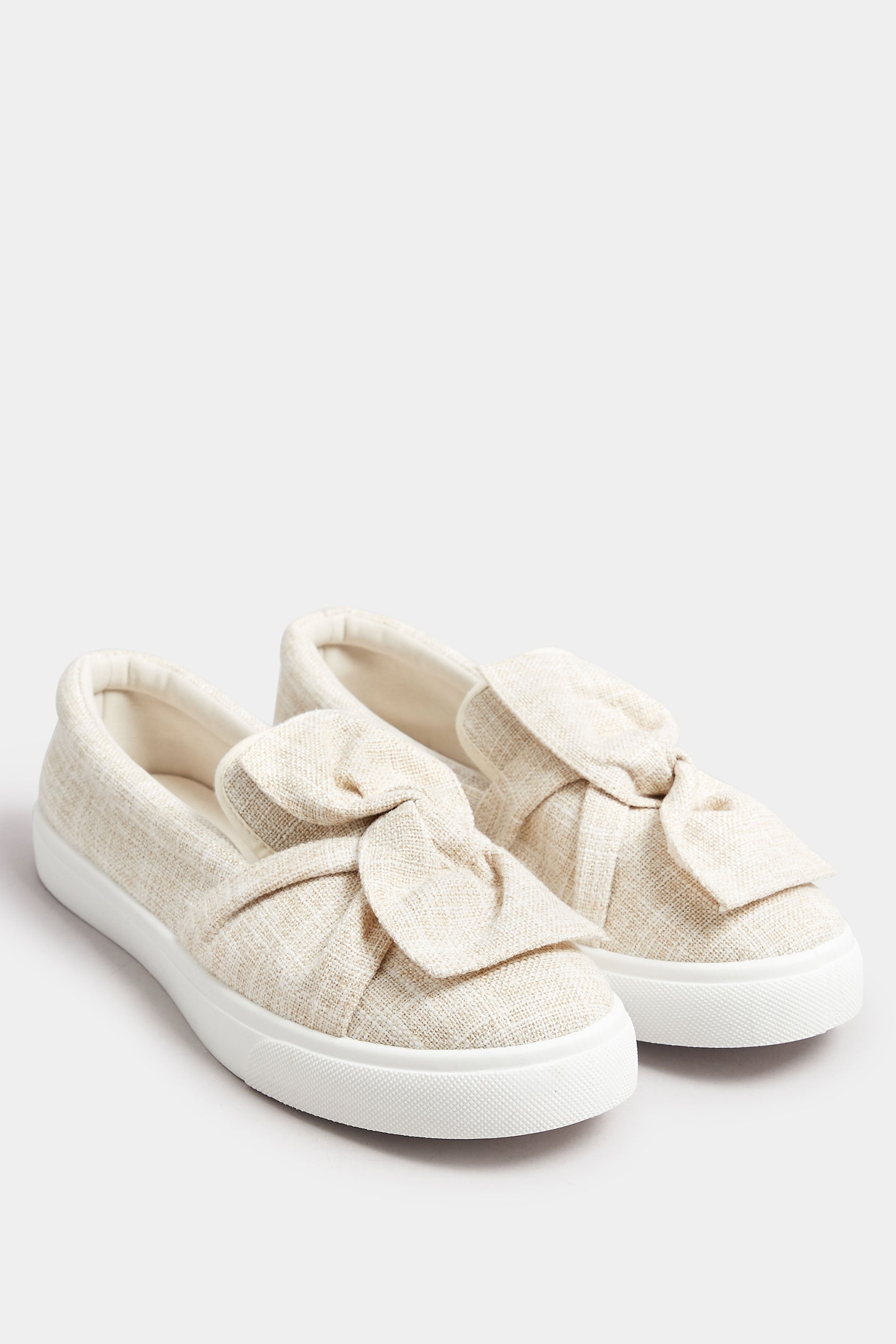 Beige Brown Canvas Twisted Bow Slip-On Trainers | Yours Clothing 1