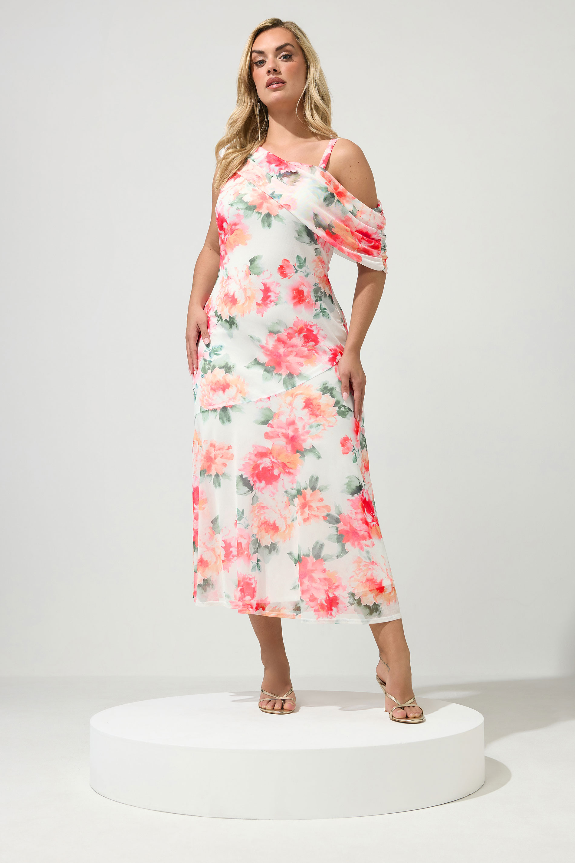 YOURS LONDON Plus Size White Floral Drape Shoulder Dress | Yours Clothing 1