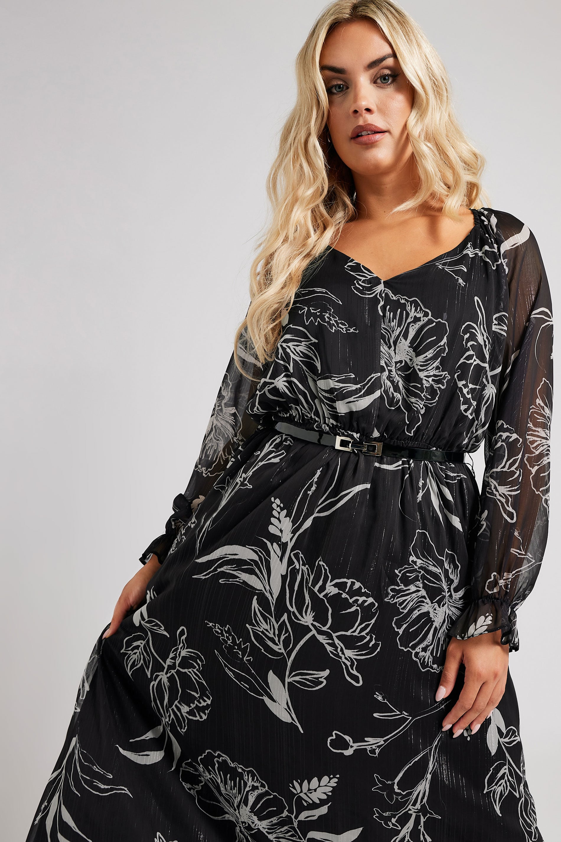 YOURS LONDON Plus Size Black & White Floral Print Metallic Maxi Dress | Yours Clothing 1