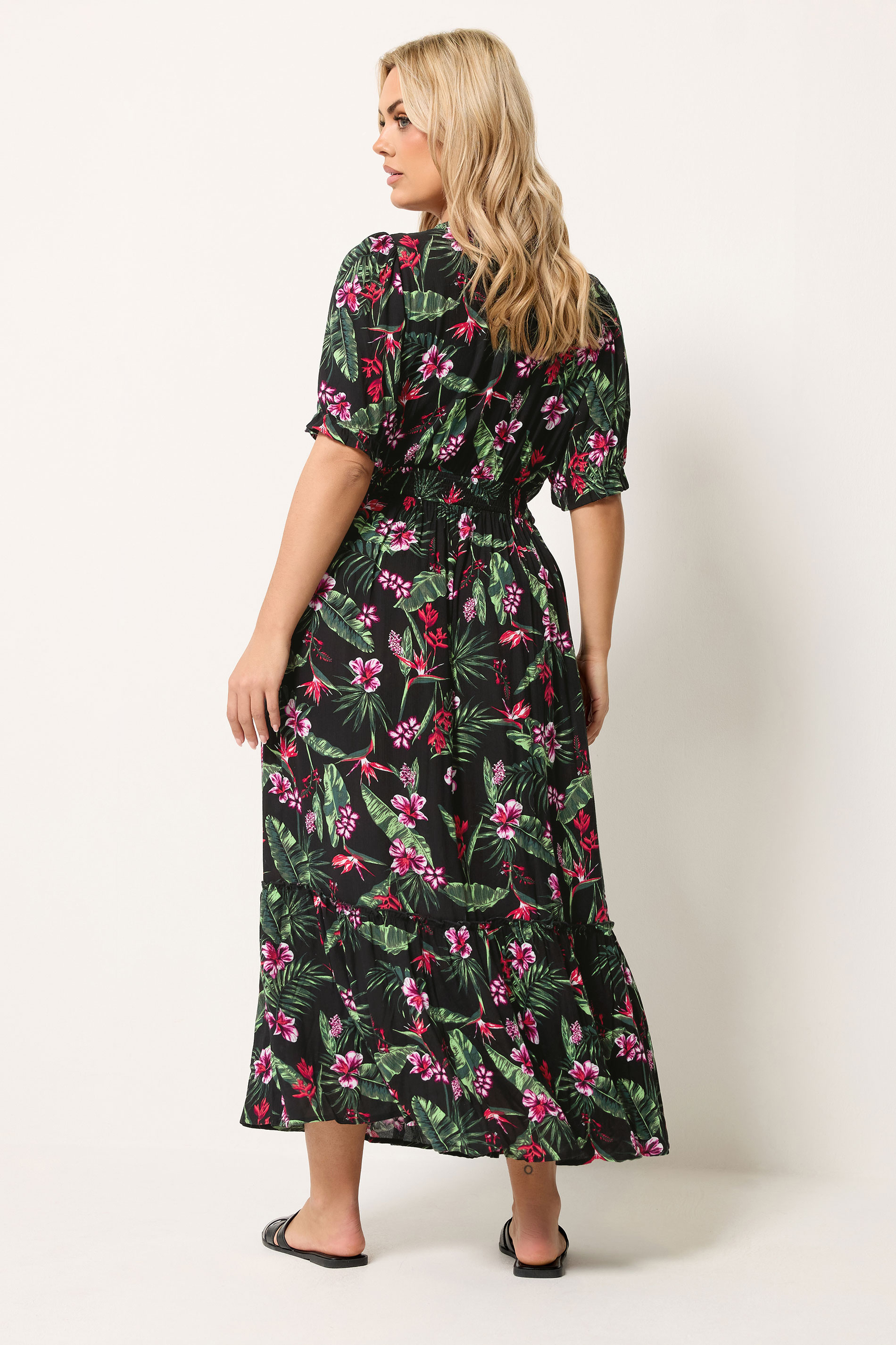 YOURS Plus Size Black Tropical Shirred Neck Maxi Dress | Yours Clothing 2