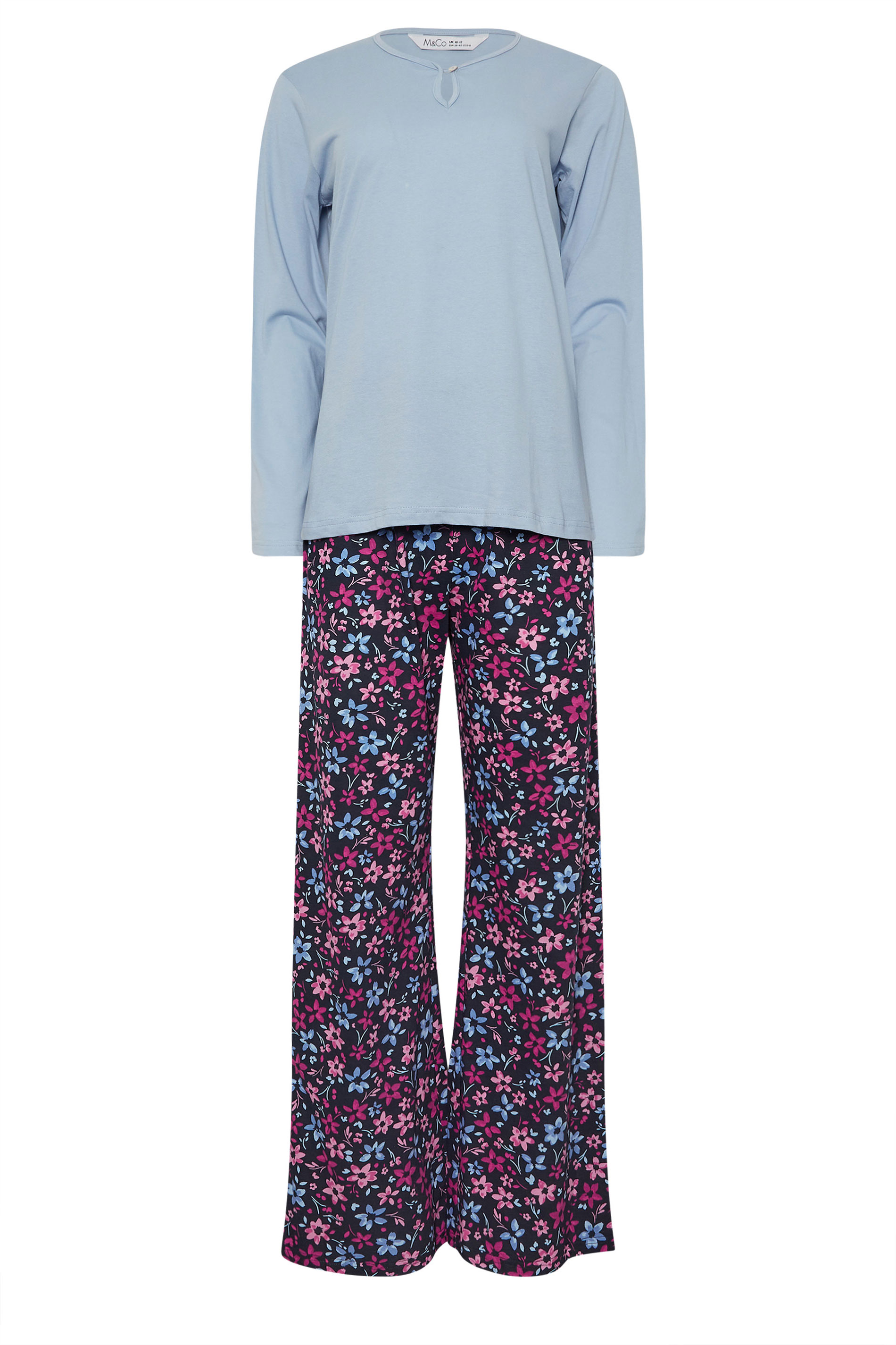 M&Co Blue & Purple Cotton Floral Wide Leg Pyjama Set | M&Co 5