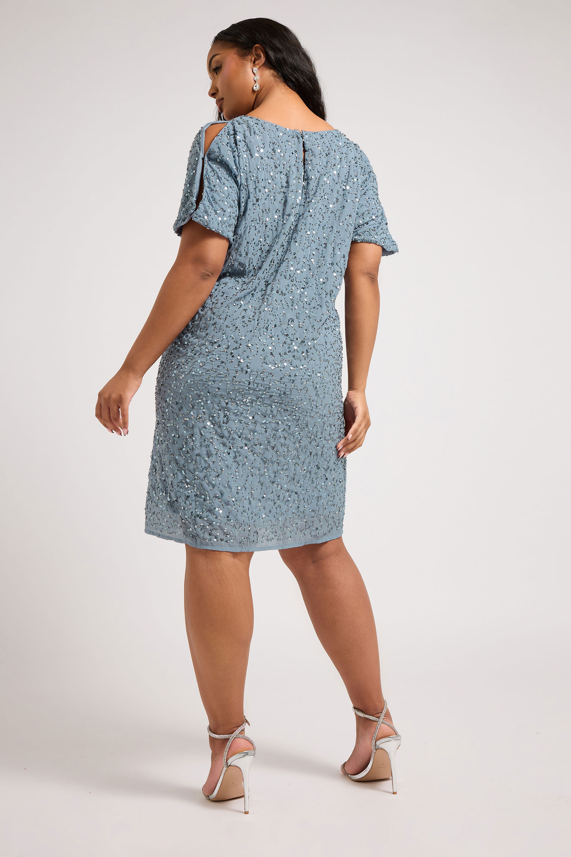 LUXE Plus Size Light Blue Sequin Hand Embellished Cape Dress | Yours Clothing 4