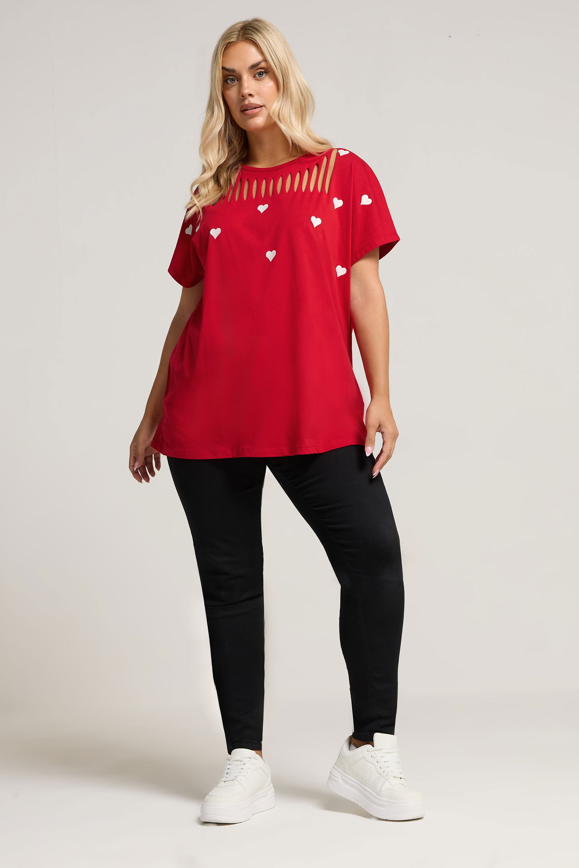 YOURS Plus Size Red Printed Heart Slash Detail Top | Yours Clothing 1