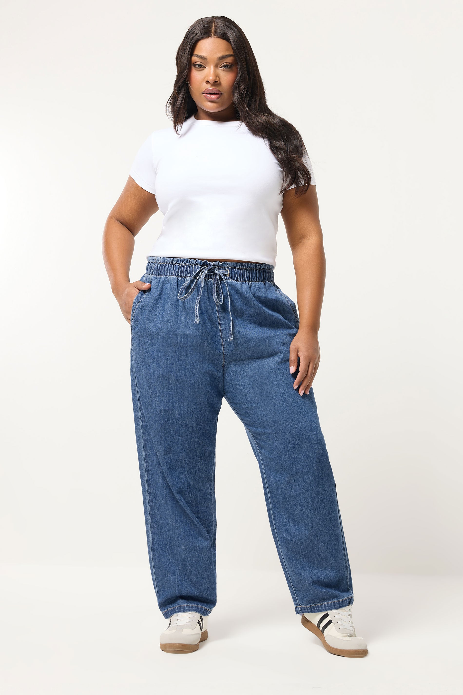 YOURS Plus Size Blue Paperbag Waist Straight Leg Jeans | Yours Clothing 1