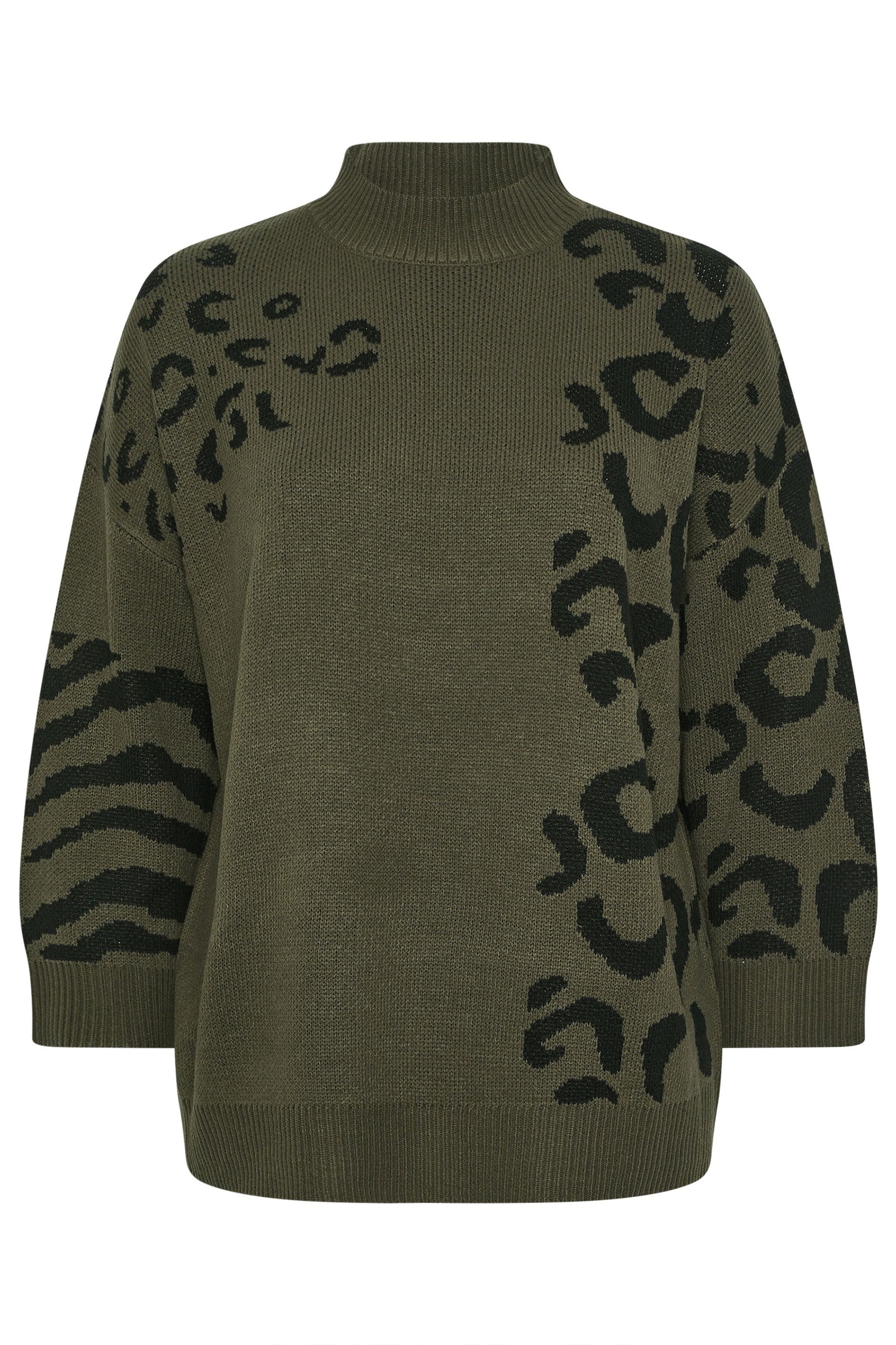 YOURS Plus Size Khaki Green Leopard High Neck Jumper | Yours Clothing 5
