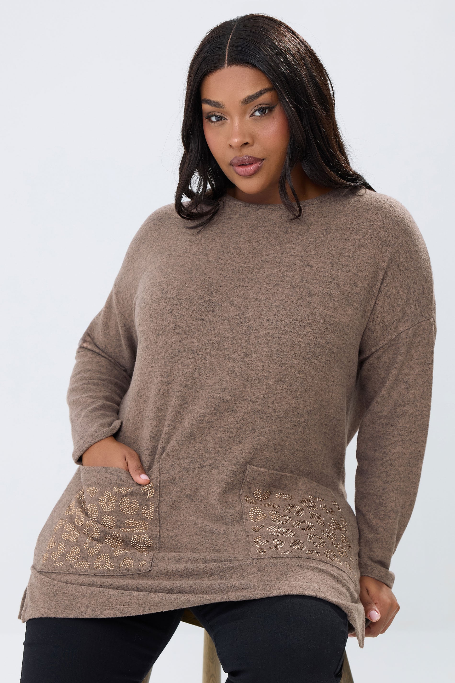 YOURS Plus Size Brown Leopard Diamante Embellished Pocket Top | Yours Clothing 1