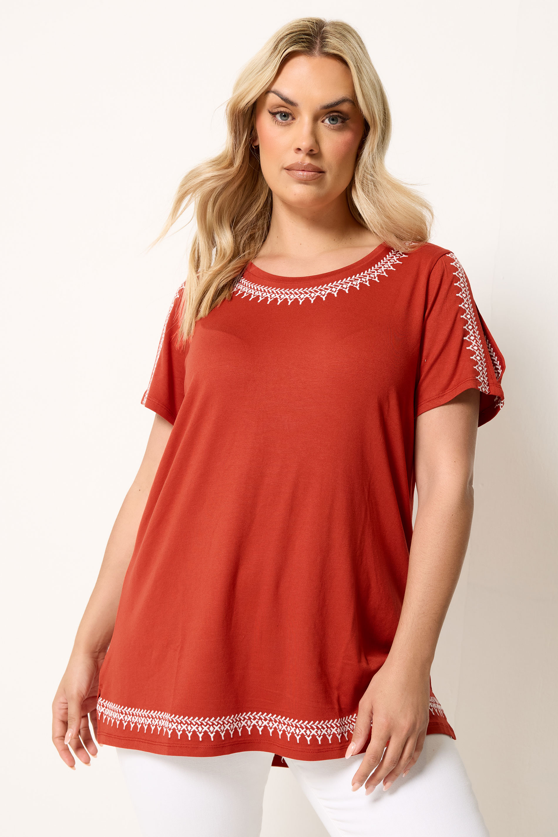 YOURS Plus Size Orange Embroidered Cold Shoulder Top | Yours Clothing 3