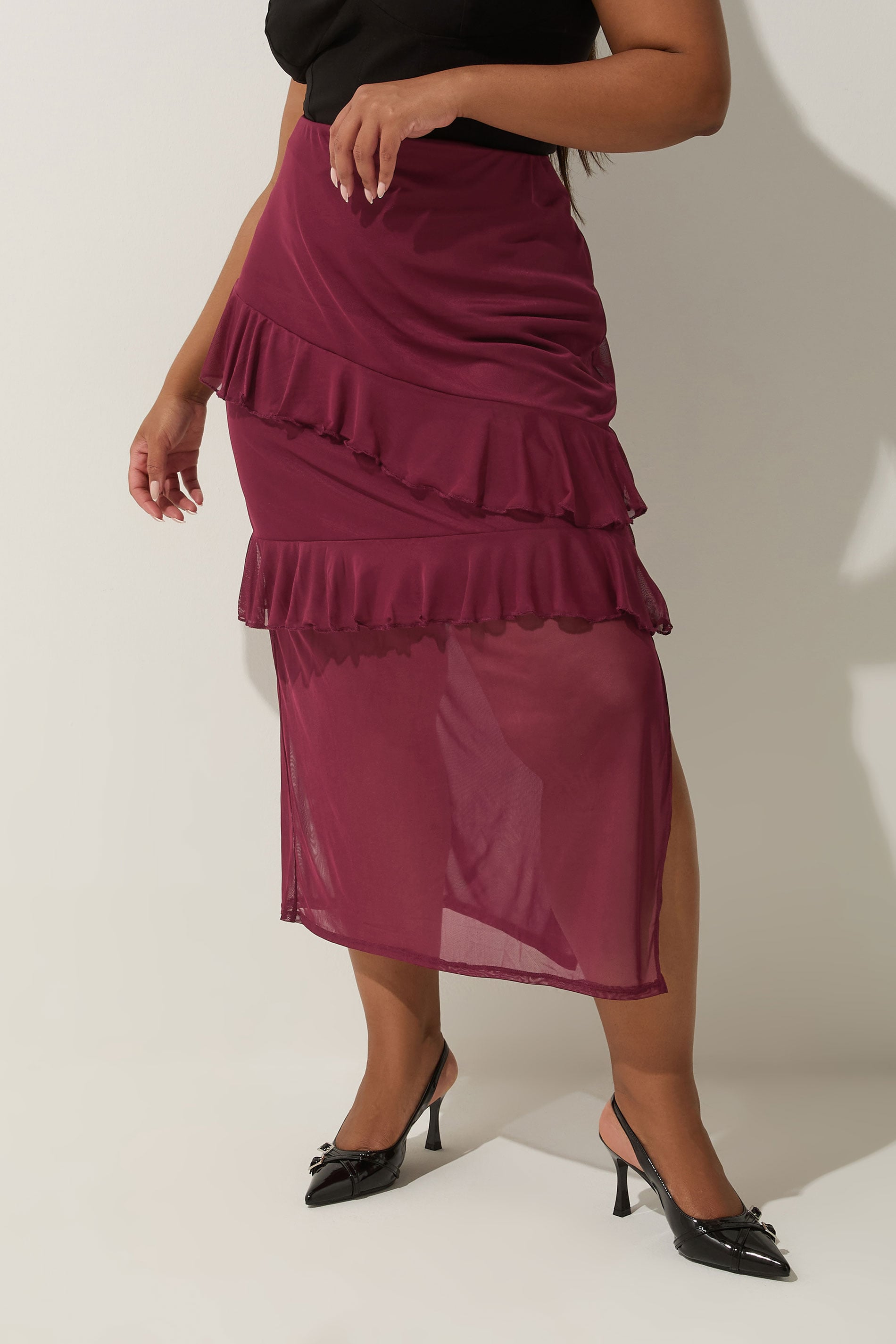 LIMITED COLLECTION Plus Size Burgundy Red Frill Mesh Skirt | Yours Clothing 3