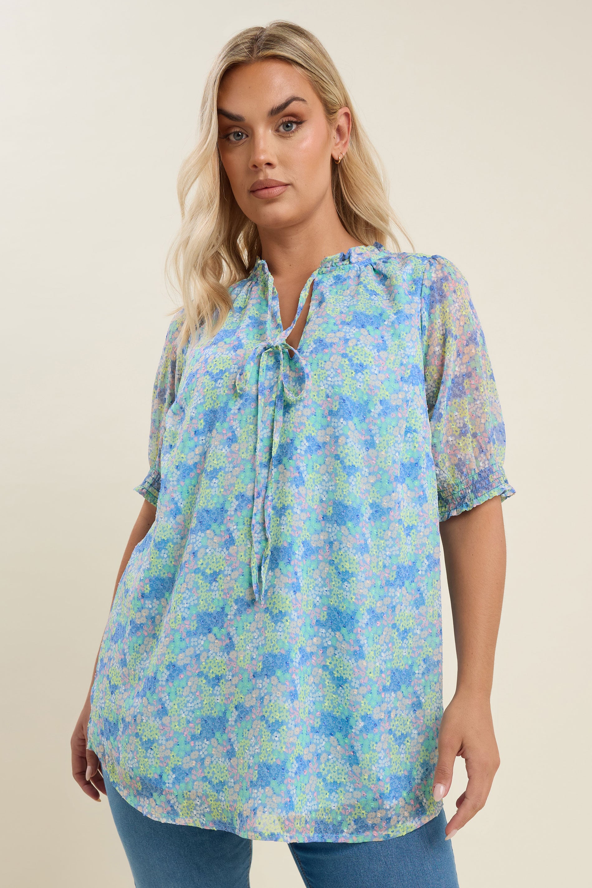 YOURS Plus Size Blue Ditsy Floral Print Tie Front Blouse | Yours Clothing 4