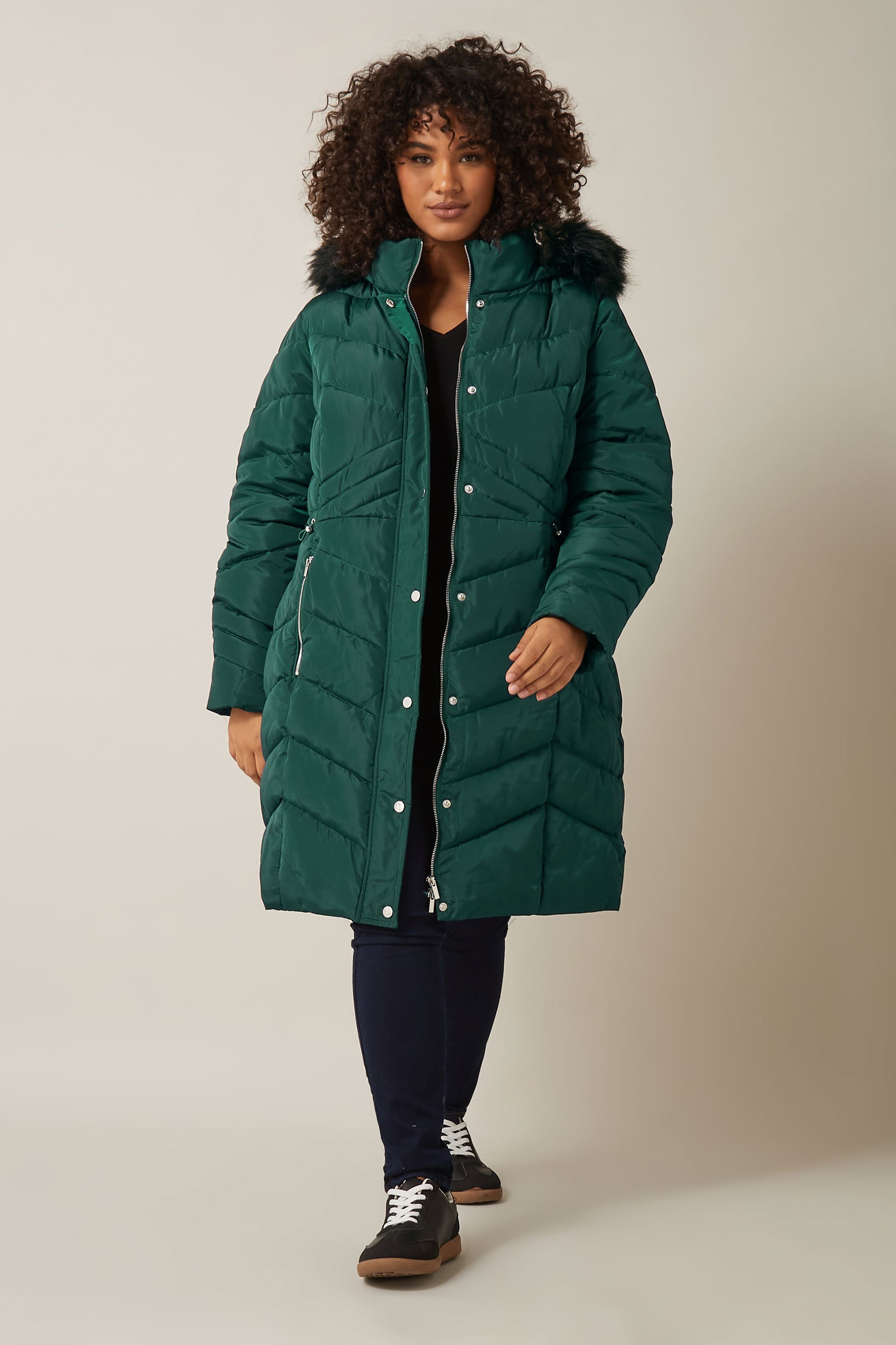 EVANS Plus Size Green Faux Fur Trim Padded Parka Coat | Evans 2