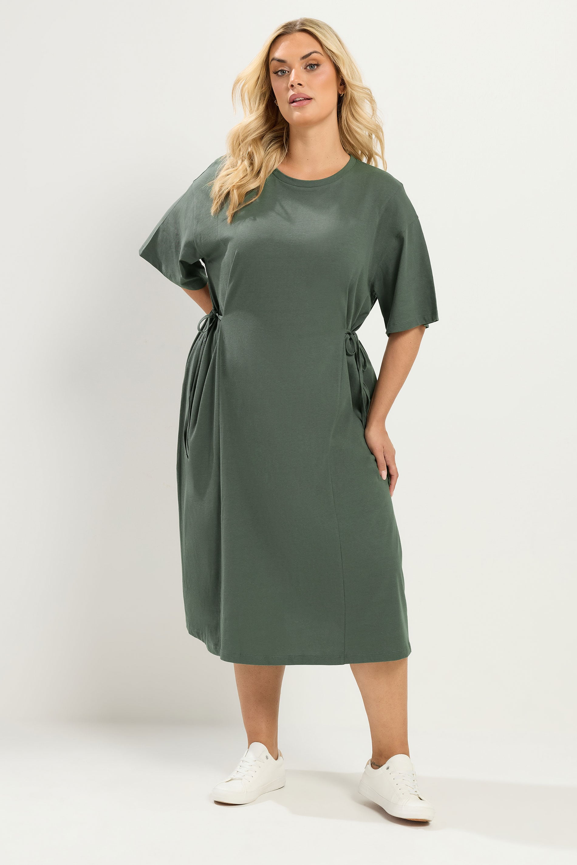 YOURS Plus Size Khaki Green Front Tie Midi Dress | Yours Clothing 3